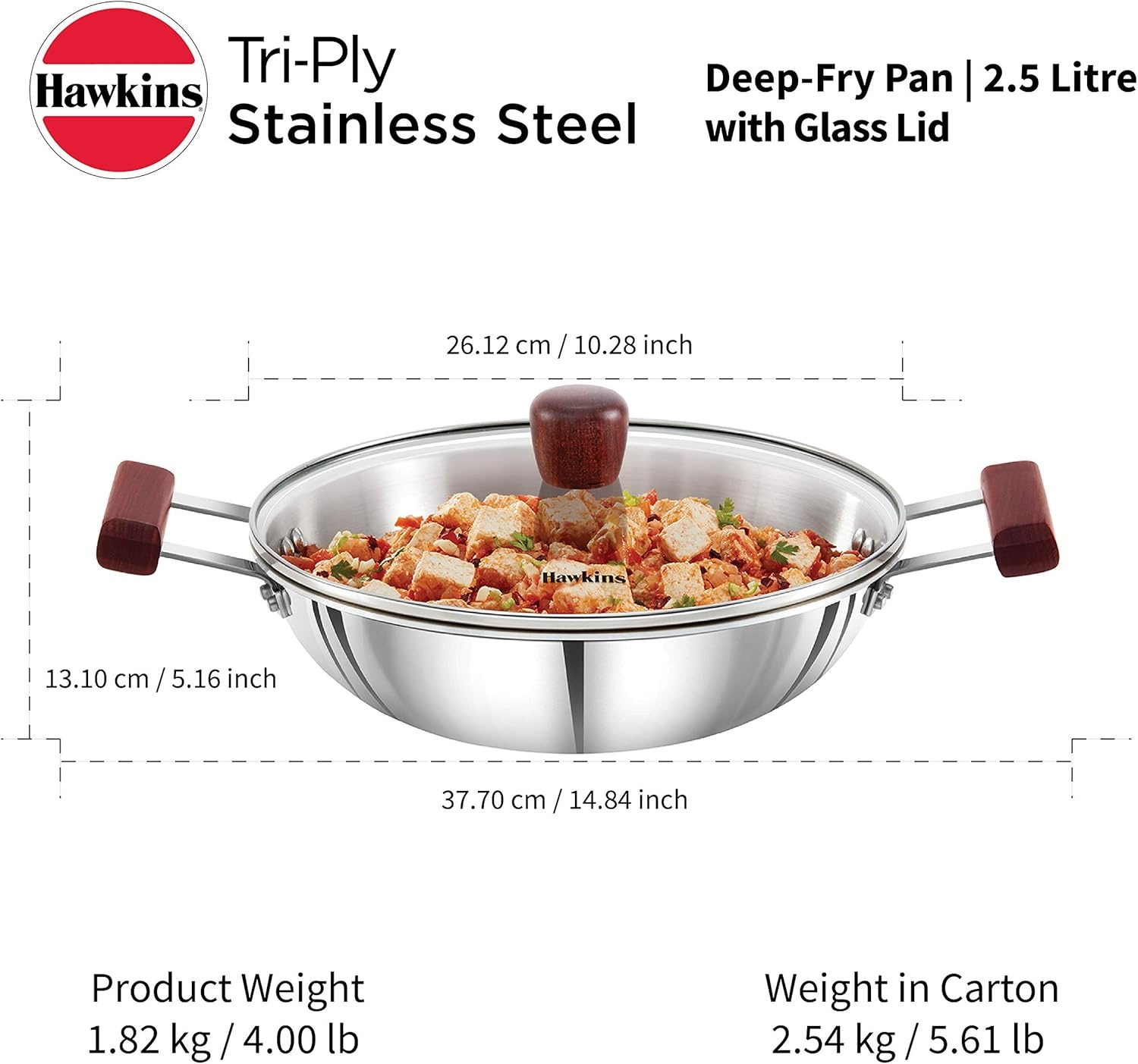 image:imageHawkins 25 Litre Deep Fry Pan Triply Stainless Steel Kadai with Glass Lid Flat Bottom Induction Kadhai Silver SSD25G
