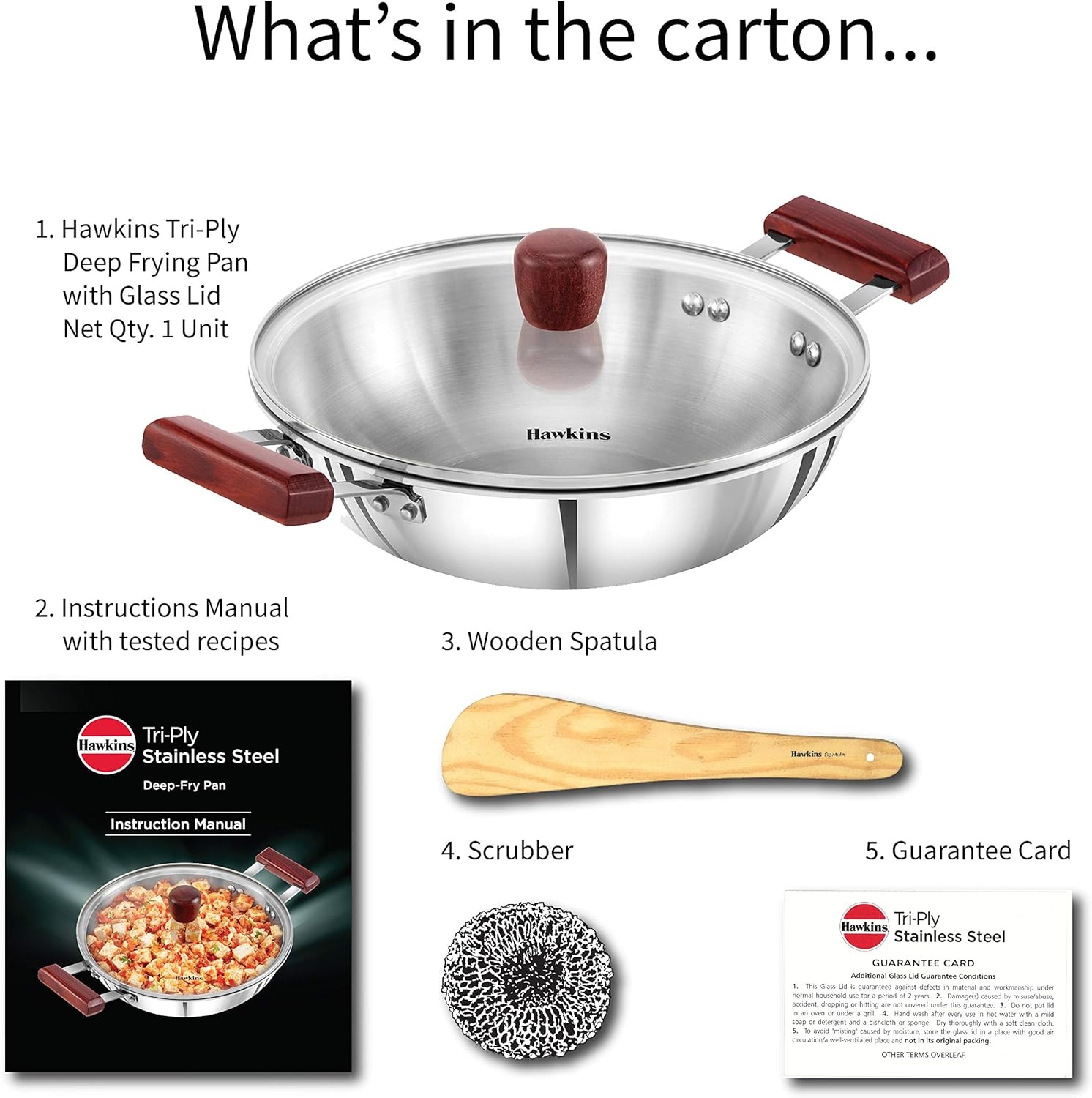 image:imageHawkins 25 Litre Deep Fry Pan Triply Stainless Steel Kadai with Glass Lid Flat Bottom Induction Kadhai Silver SSD25G