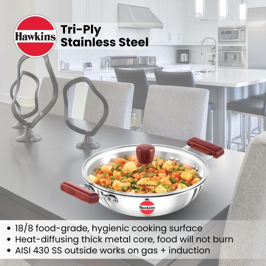 image:imageHawkins 25 Litre Deep Fry Pan Triply Stainless Steel Kadai with Glass Lid Flat Bottom Induction Kadhai Silver SSD25G