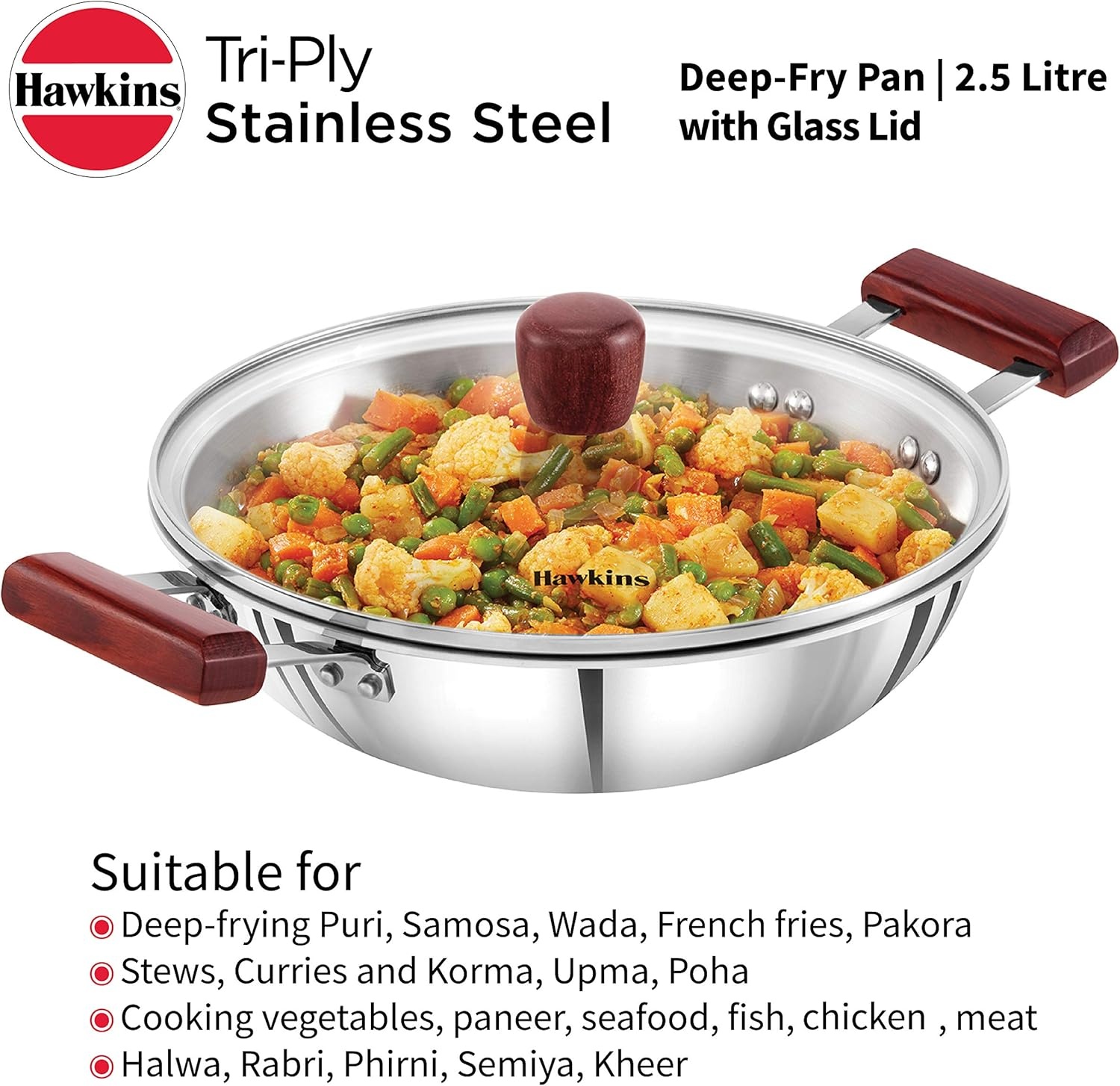 image:imageHawkins 25 Litre Deep Fry Pan Triply Stainless Steel Kadai with Glass Lid Flat Bottom Induction Kadhai Silver SSD25G