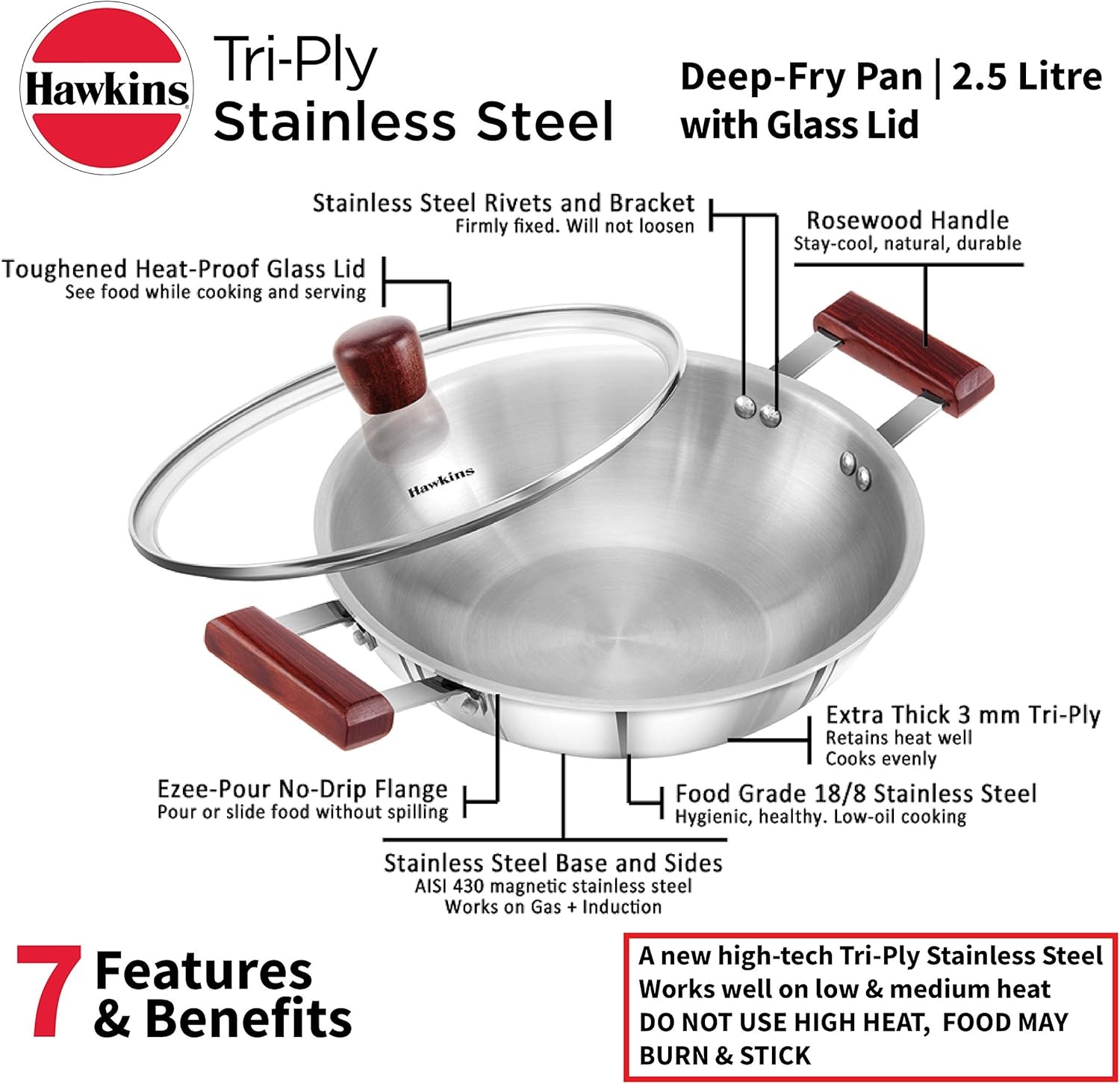 image:imageHawkins 25 Litre Deep Fry Pan Triply Stainless Steel Kadai with Glass Lid Flat Bottom Induction Kadhai Silver SSD25G
