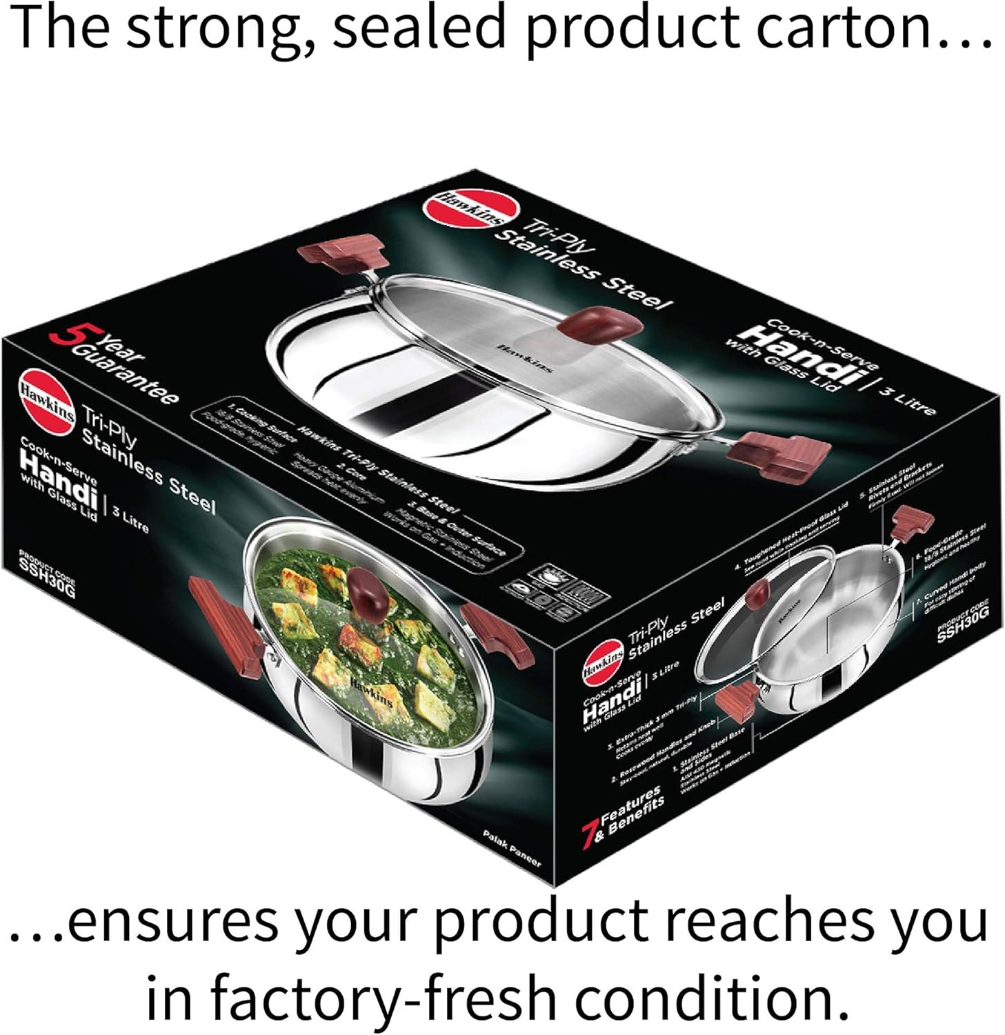 image:imageHawkins 3 Litre Cook n Serve Handi Triply Stainless Steel Handi with Glass Lid Induction Sauce Pan Biryani Handi Saucepan Silver SSH30G32 Quarts