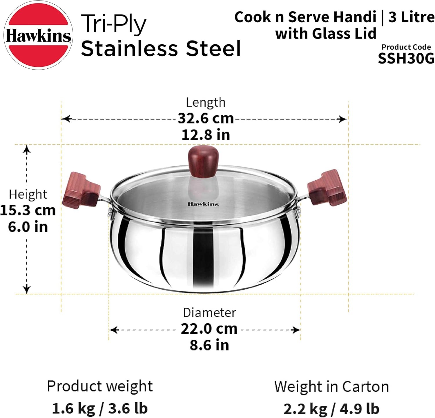 image:imageHawkins 3 Litre Cook n Serve Handi Triply Stainless Steel Handi with Glass Lid Induction Sauce Pan Biryani Handi Saucepan Silver SSH30G32 Quarts