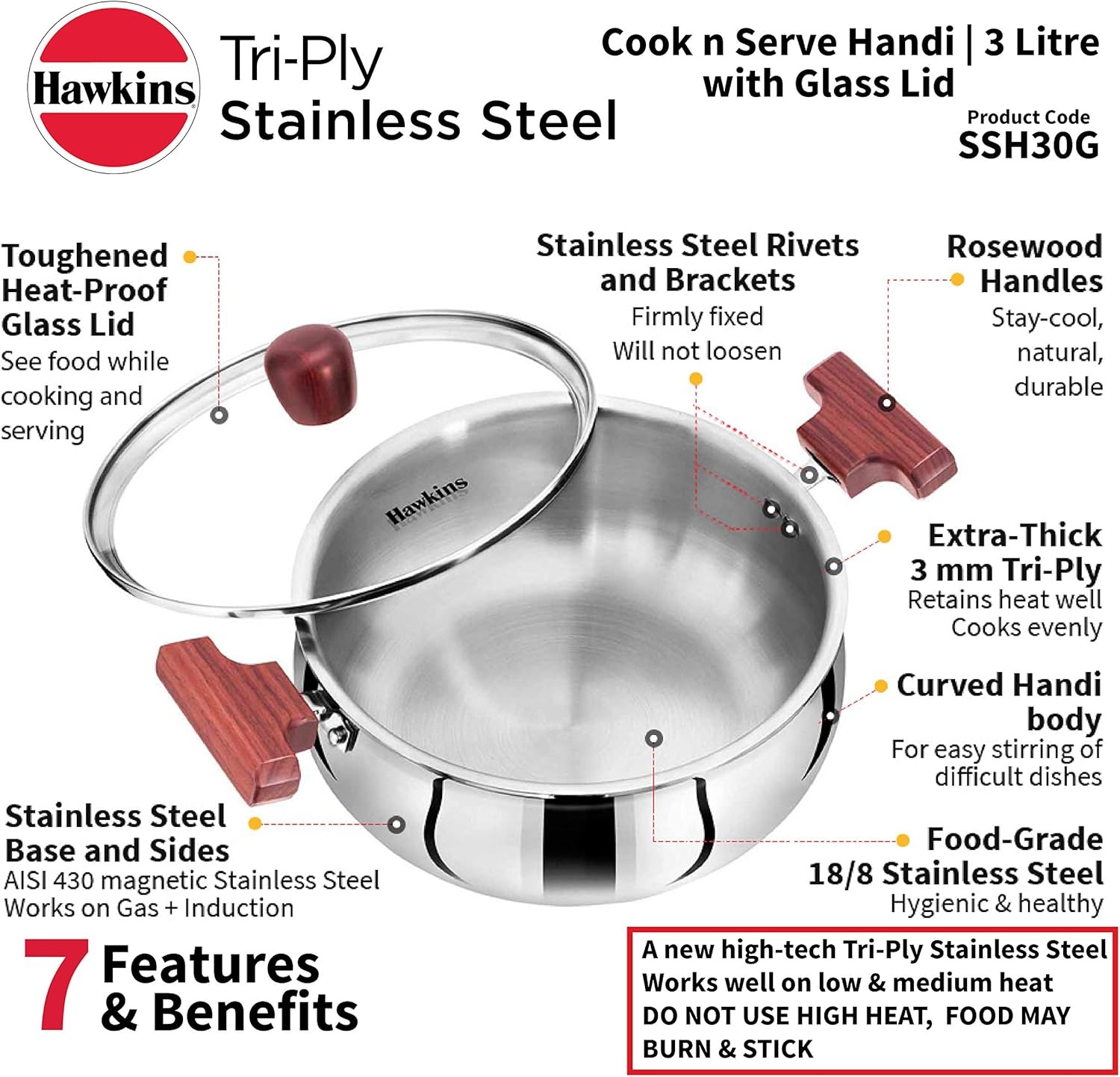 image:imageHawkins 3 Litre Cook n Serve Handi Triply Stainless Steel Handi with Glass Lid Induction Sauce Pan Biryani Handi Saucepan Silver SSH30G32 Quarts