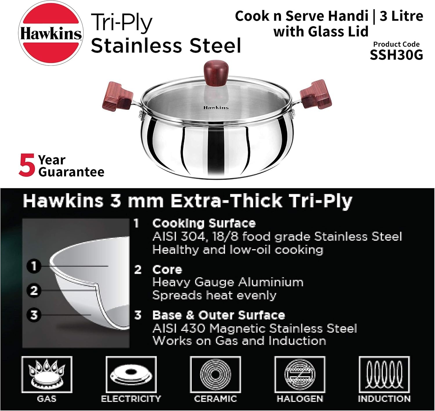 image:imageHawkins 3 Litre Cook n Serve Handi Triply Stainless Steel Handi with Glass Lid Induction Sauce Pan Biryani Handi Saucepan Silver SSH30G32 Quarts