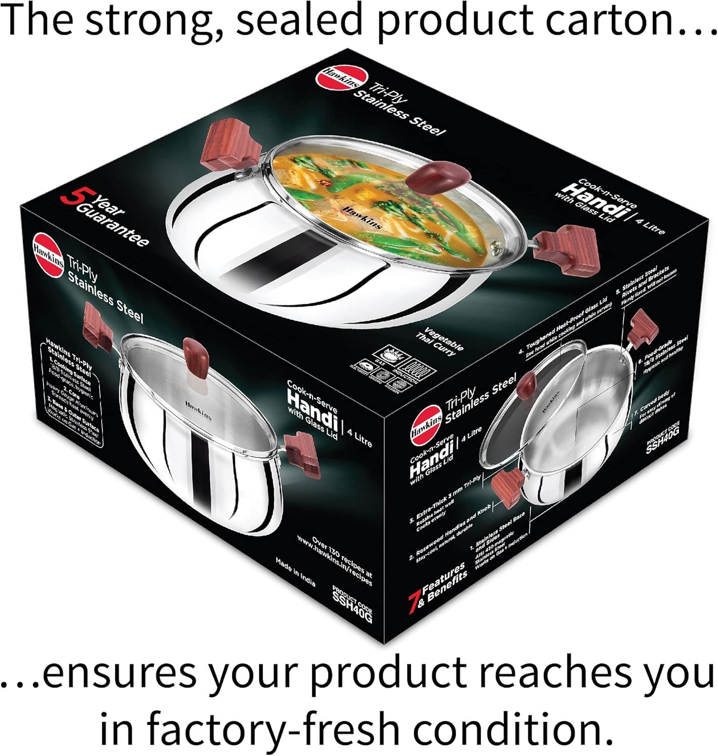 image:imageHawkins 4 Litre Cook n Serve Handi Triply Stainless Steel Handi with Glass Lid Induction Sauce Pan Biryani Handi Saucepan Silver SSH40G