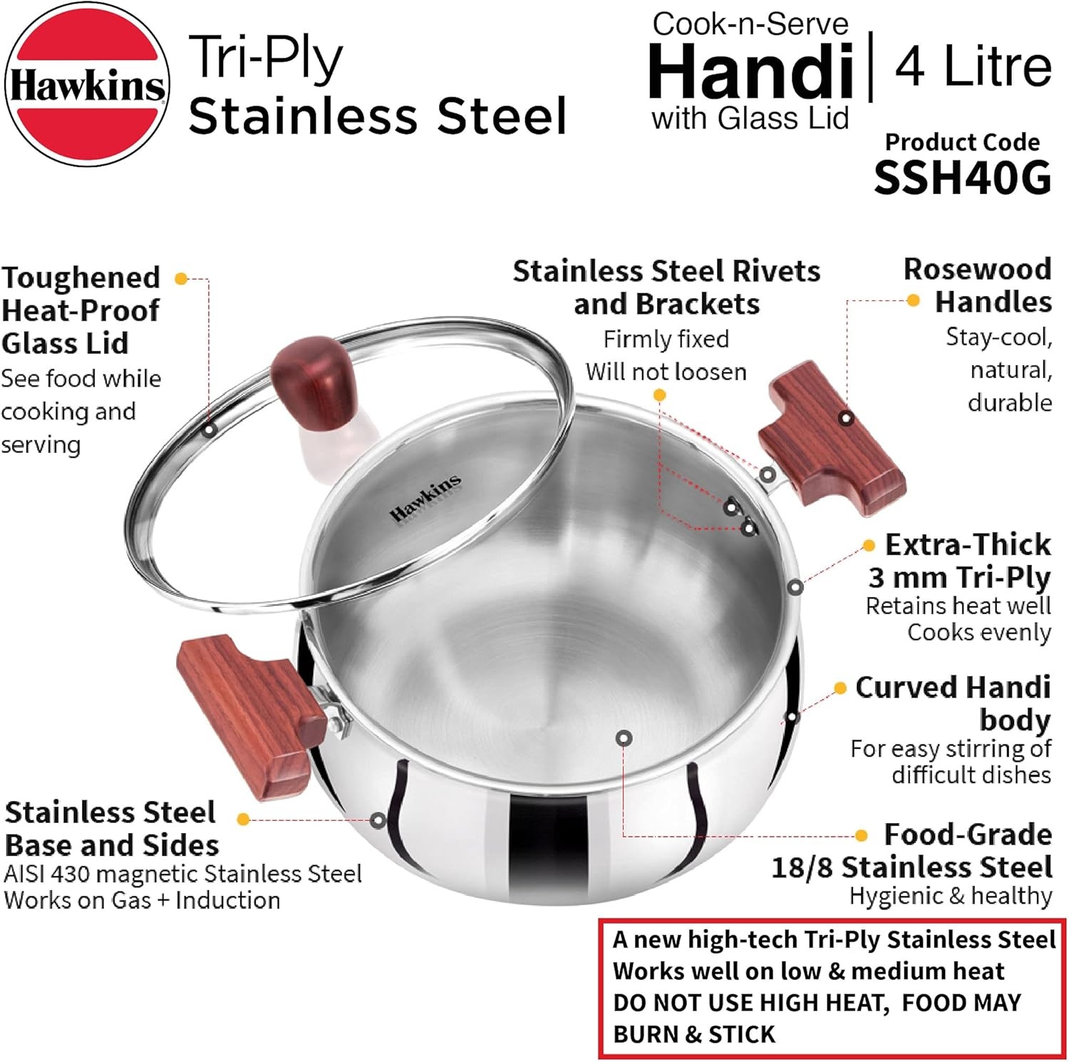 image:imageHawkins 4 Litre Cook n Serve Handi Triply Stainless Steel Handi with Glass Lid Induction Sauce Pan Biryani Handi Saucepan Silver SSH40G