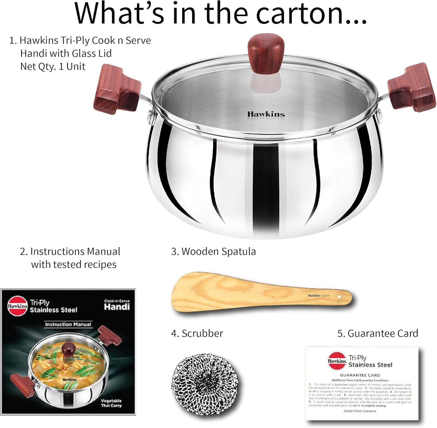 image:imageHawkins 4 Litre Cook n Serve Handi Triply Stainless Steel Handi with Glass Lid Induction Sauce Pan Biryani Handi Saucepan Silver SSH40G