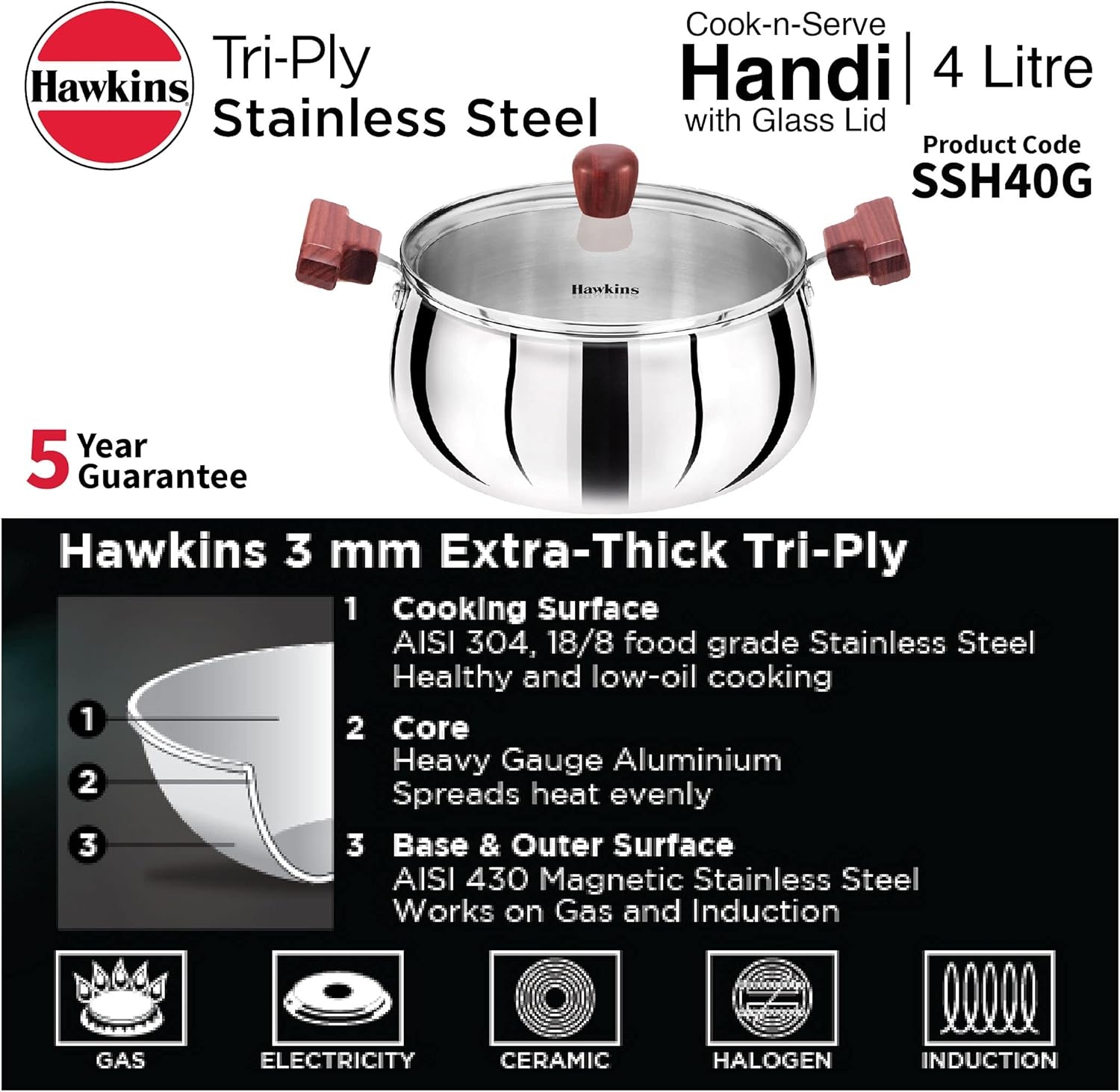 image:imageHawkins 4 Litre Cook n Serve Handi Triply Stainless Steel Handi with Glass Lid Induction Sauce Pan Biryani Handi Saucepan Silver SSH40G