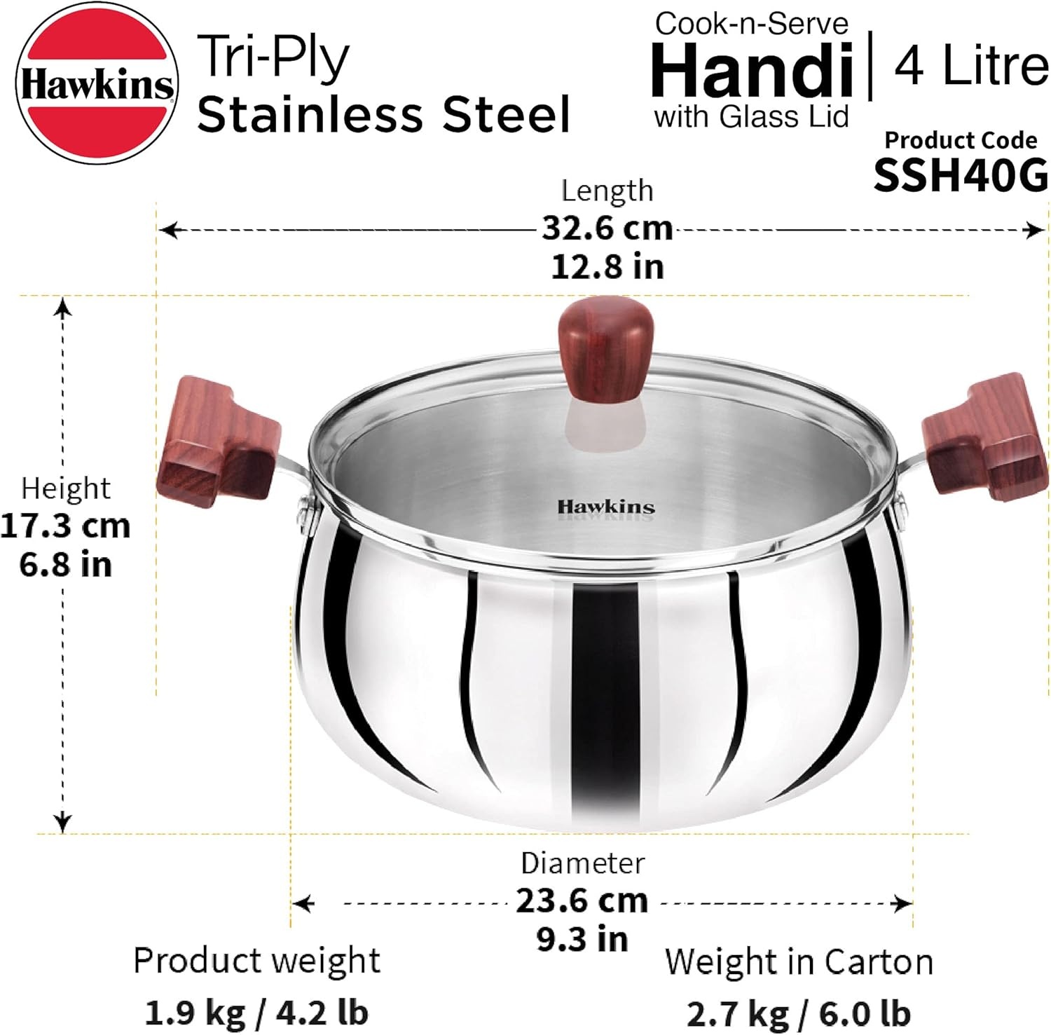 image:imageHawkins 4 Litre Cook n Serve Handi Triply Stainless Steel Handi with Glass Lid Induction Sauce Pan Biryani Handi Saucepan Silver SSH40G