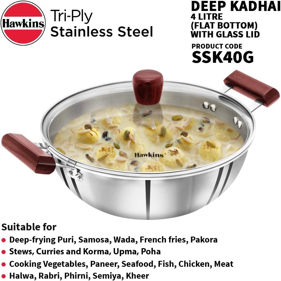 image:imageHawkins 4 Litre Deep Kadhai Triply Stainless Steel Kadai with Glass Lid Flat Bottom Induction Kadhai Big Kadai Silver SSK40GGlass Lid
