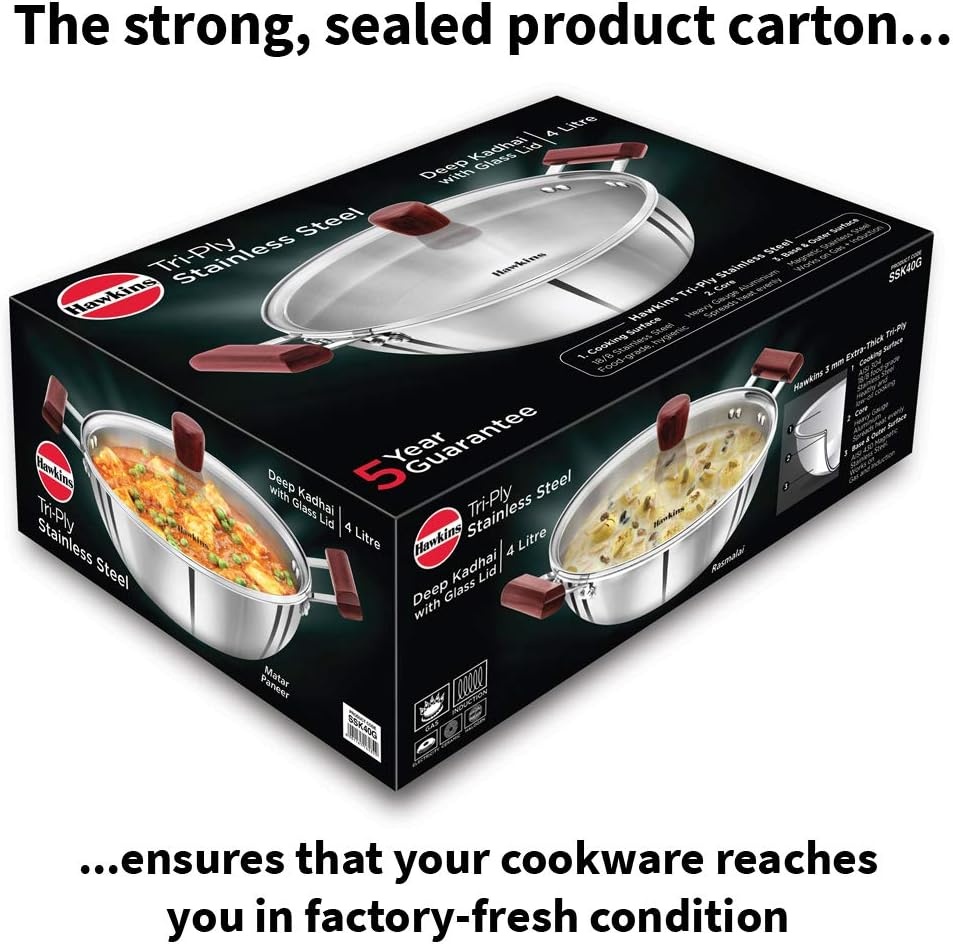 image:imageHawkins 4 Litre Deep Kadhai Triply Stainless Steel Kadai with Glass Lid Flat Bottom Induction Kadhai Big Kadai Silver SSK40GGlass Lid