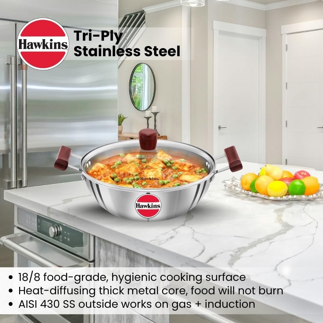 image:imageHawkins 4 Litre Deep Kadhai Triply Stainless Steel Kadai with Glass Lid Flat Bottom Induction Kadhai Big Kadai Silver SSK40GGlass Lid