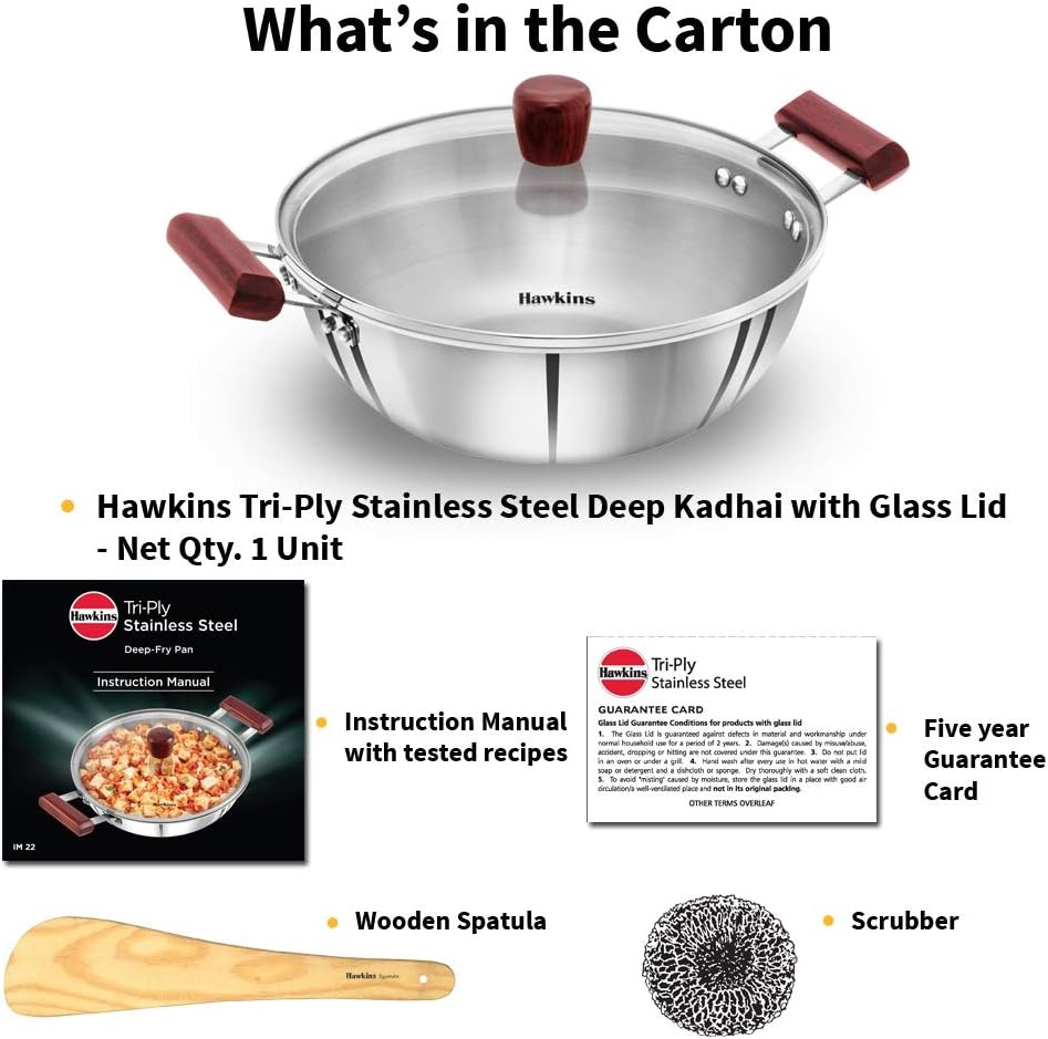 image:imageHawkins 4 Litre Deep Kadhai Triply Stainless Steel Kadai with Glass Lid Flat Bottom Induction Kadhai Big Kadai Silver SSK40GGlass Lid