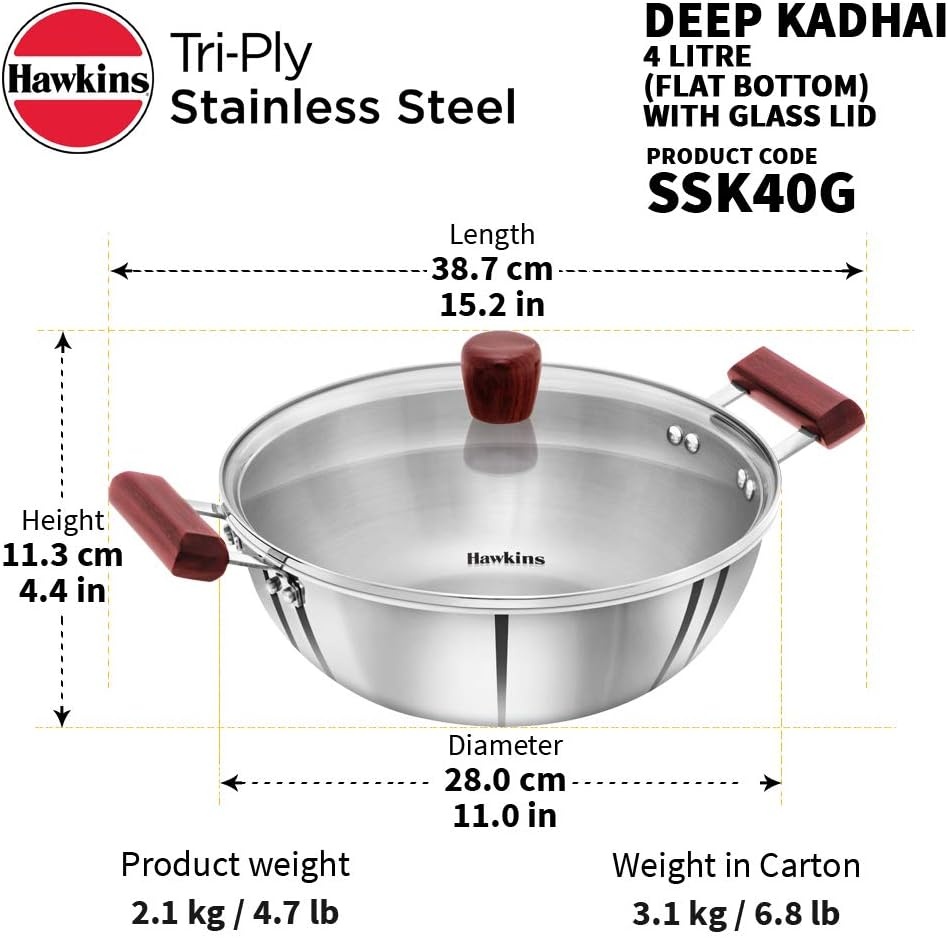image:imageHawkins 4 Litre Deep Kadhai Triply Stainless Steel Kadai with Glass Lid Flat Bottom Induction Kadhai Big Kadai Silver SSK40GGlass Lid
