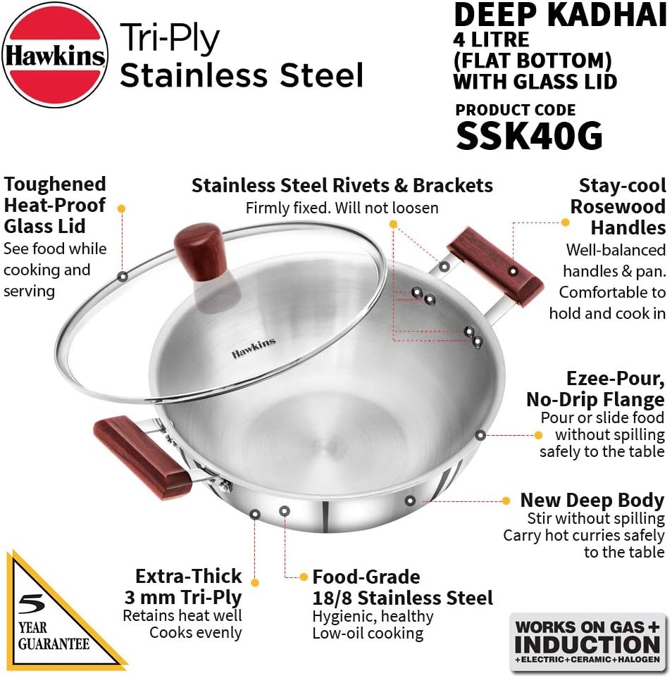 image:imageHawkins 4 Litre Deep Kadhai Triply Stainless Steel Kadai with Glass Lid Flat Bottom Induction Kadhai Big Kadai Silver SSK40GGlass Lid