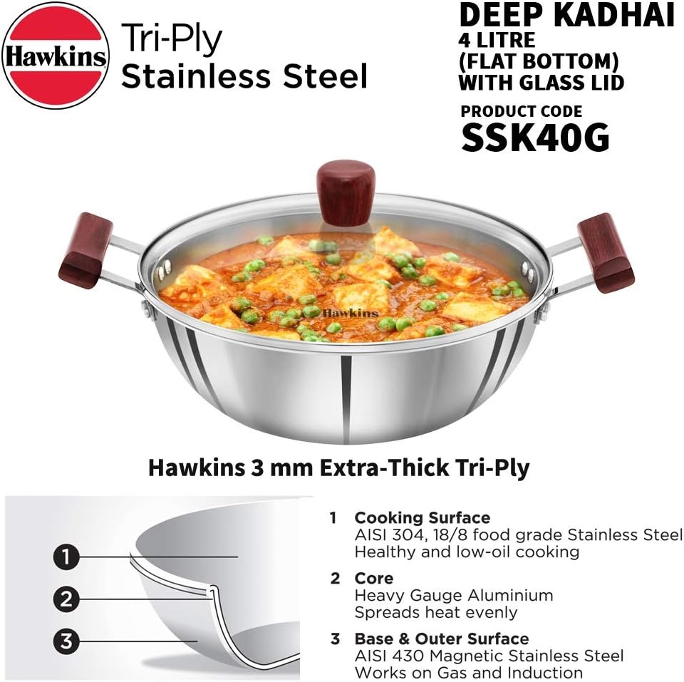 image:imageHawkins 4 Litre Deep Kadhai Triply Stainless Steel Kadai with Glass Lid Flat Bottom Induction Kadhai Big Kadai Silver SSK40GGlass Lid