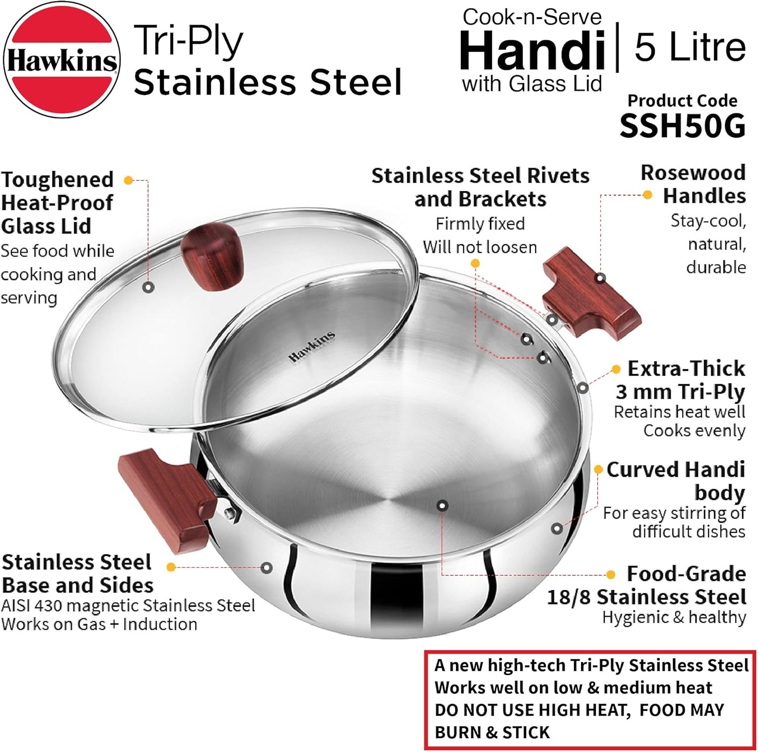 image:imageHawkins 5 Litre Cook n Serve Handi Triply Stainless Steel Handi with Glass Lid Induction Sauce Pan Biryani Handi Saucepan Silver SSH50G