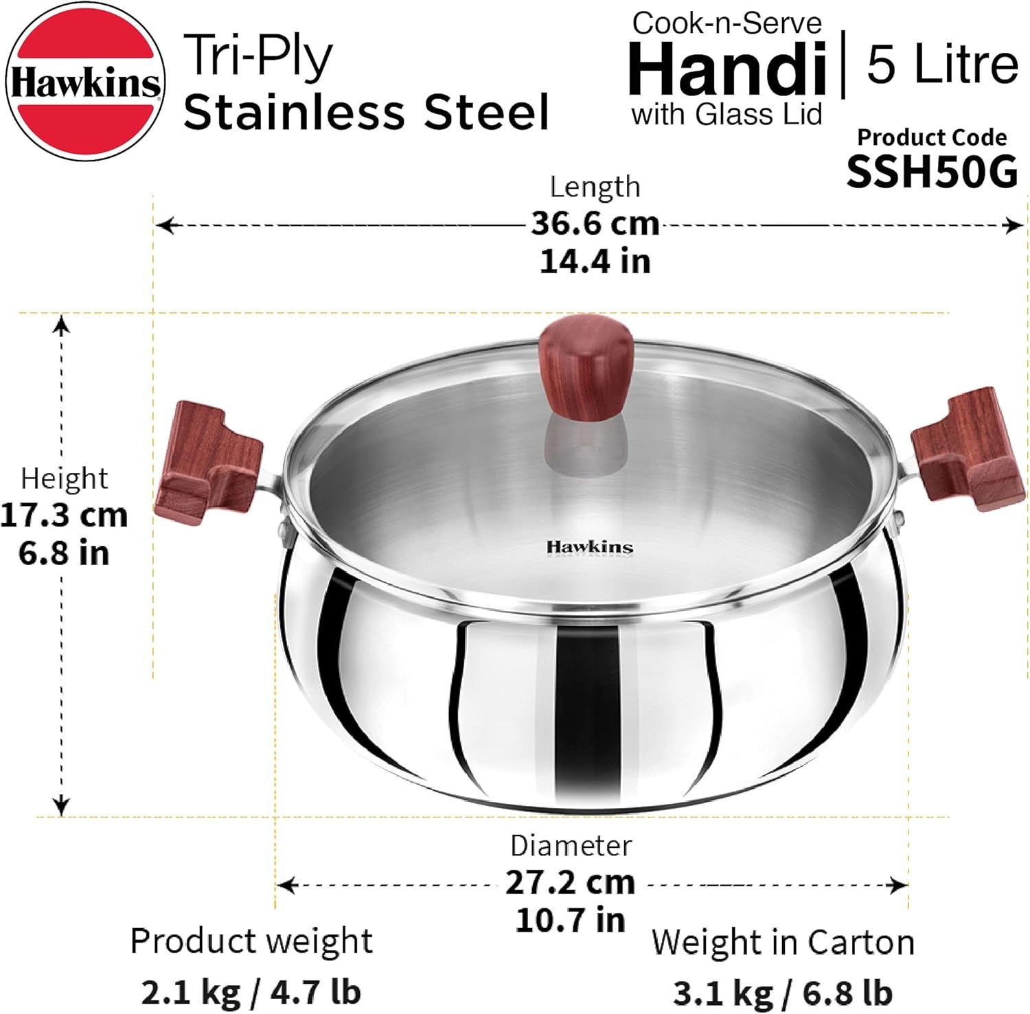 image:imageHawkins 5 Litre Cook n Serve Handi Triply Stainless Steel Handi with Glass Lid Induction Sauce Pan Biryani Handi Saucepan Silver SSH50G