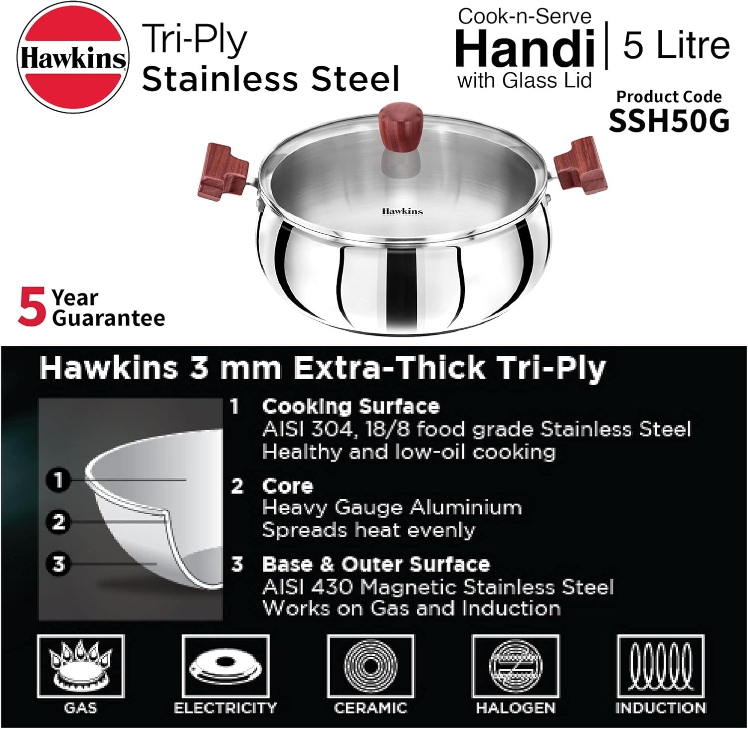 image:imageHawkins 5 Litre Cook n Serve Handi Triply Stainless Steel Handi with Glass Lid Induction Sauce Pan Biryani Handi Saucepan Silver SSH50G
