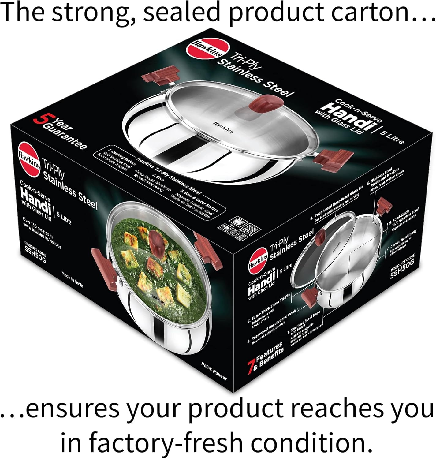 image:imageHawkins 5 Litre Cook n Serve Handi Triply Stainless Steel Handi with Glass Lid Induction Sauce Pan Biryani Handi Saucepan Silver SSH50G