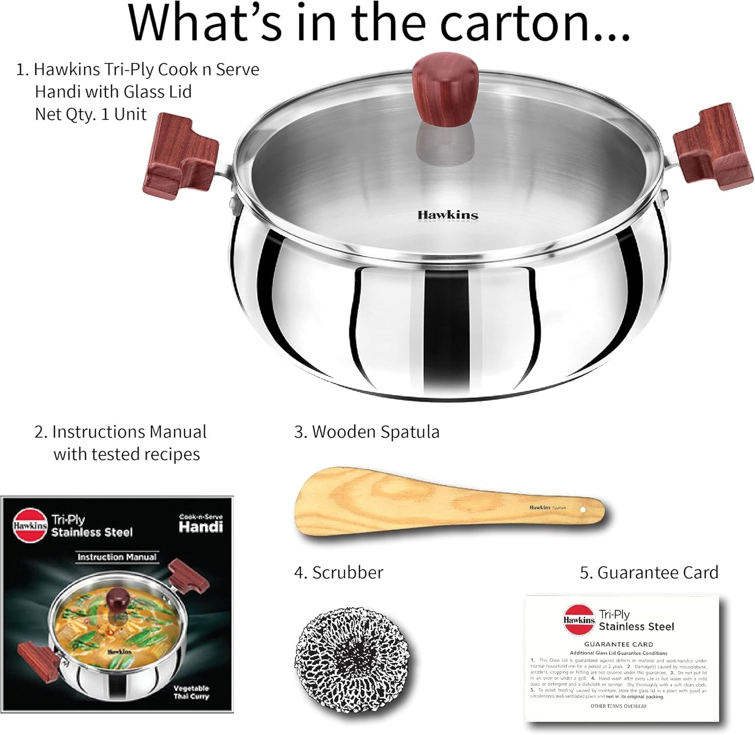 image:imageHawkins 5 Litre Cook n Serve Handi Triply Stainless Steel Handi with Glass Lid Induction Sauce Pan Biryani Handi Saucepan Silver SSH50G