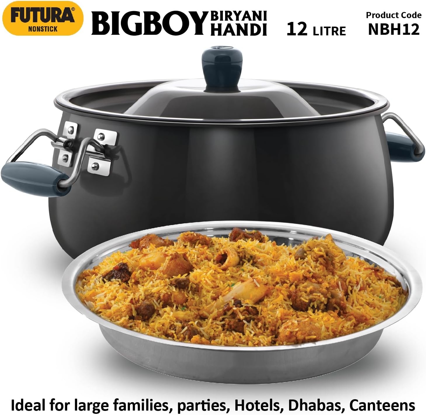 image:imageHawkins Futura 12 Litre BigBoy Biryani Handi Non Stick Pot with Hard Anodised Lid Sauce Pan for Cooking and Serving Biriyani Black NBH12 Aluminium