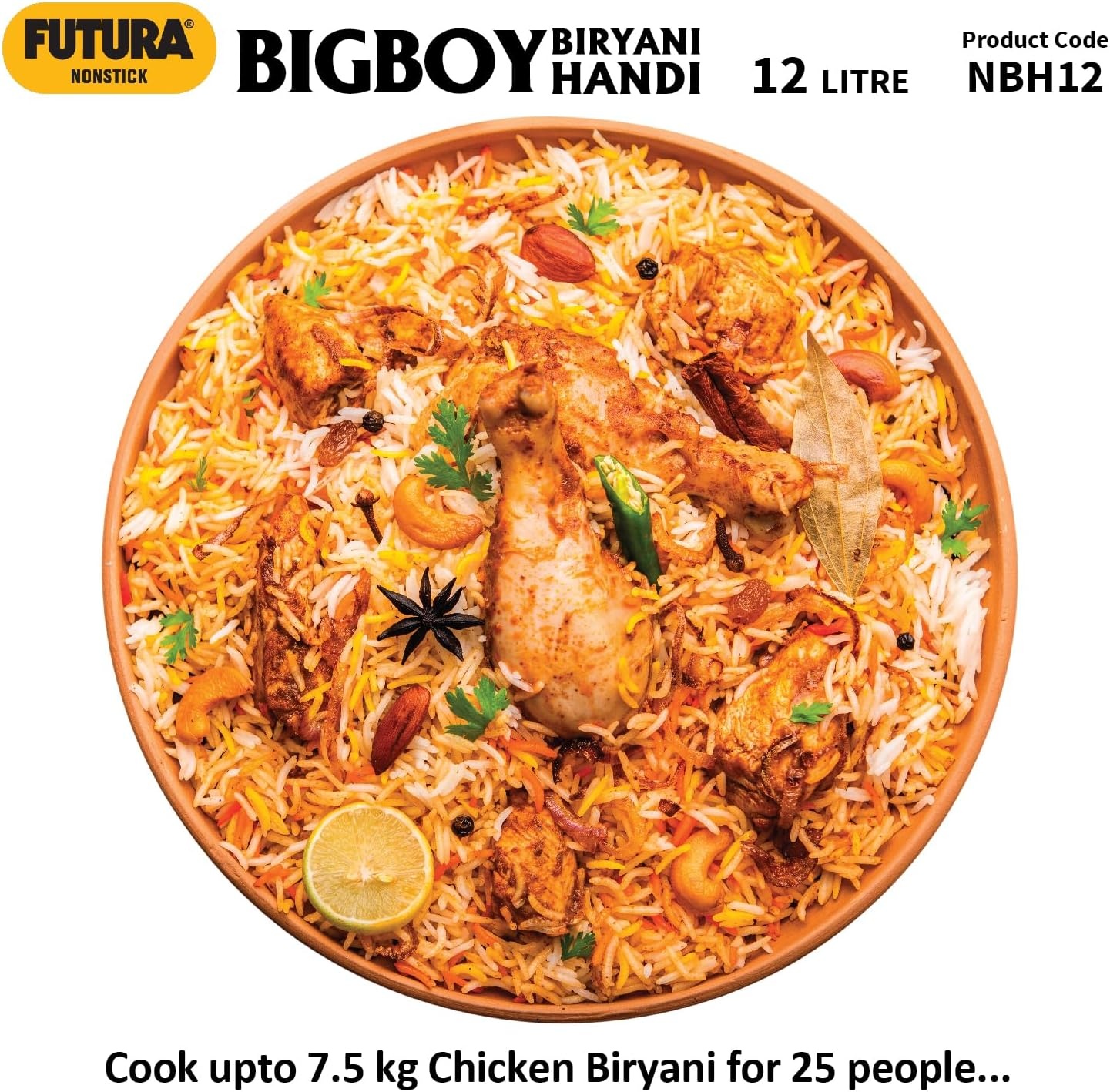 image:imageHawkins Futura 12 Litre BigBoy Biryani Handi Non Stick Pot with Hard Anodised Lid Sauce Pan for Cooking and Serving Biriyani Black NBH12 Aluminium