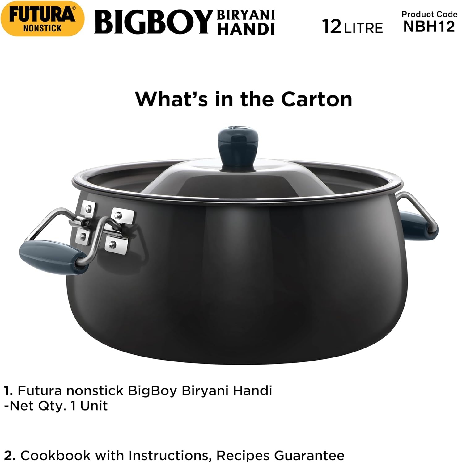 image:imageHawkins Futura 12 Litre BigBoy Biryani Handi Non Stick Pot with Hard Anodised Lid Sauce Pan for Cooking and Serving Biriyani Black NBH12 Aluminium