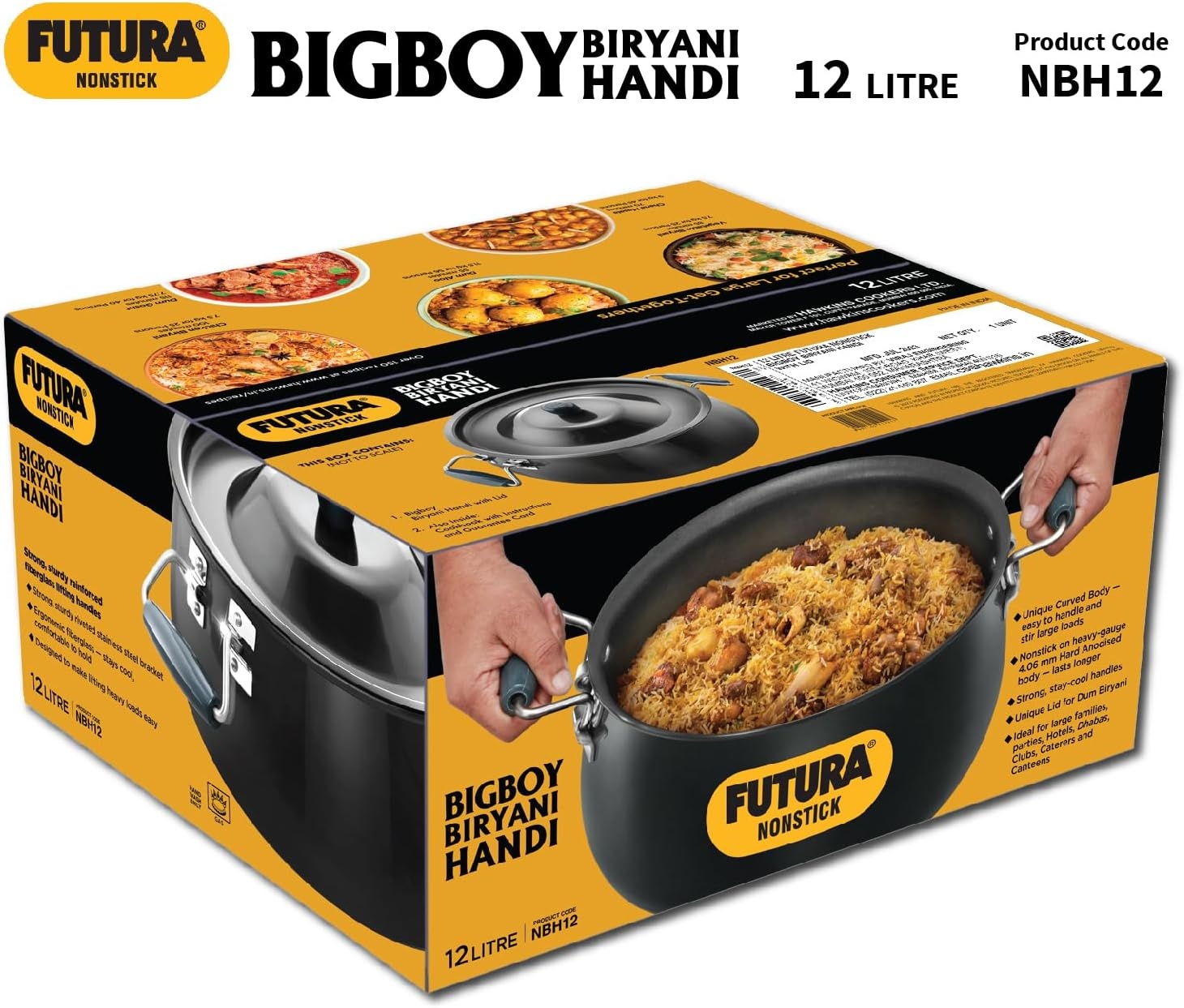 image:imageHawkins Futura 12 Litre BigBoy Biryani Handi Non Stick Pot with Hard Anodised Lid Sauce Pan for Cooking and Serving Biriyani Black NBH12 Aluminium