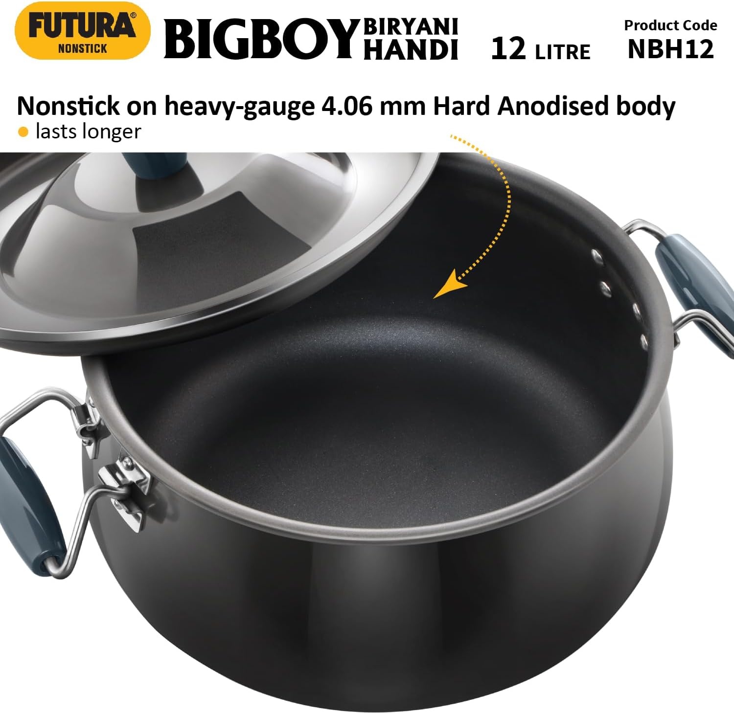 image:imageHawkins Futura 12 Litre BigBoy Biryani Handi Non Stick Pot with Hard Anodised Lid Sauce Pan for Cooking and Serving Biriyani Black NBH12 Aluminium