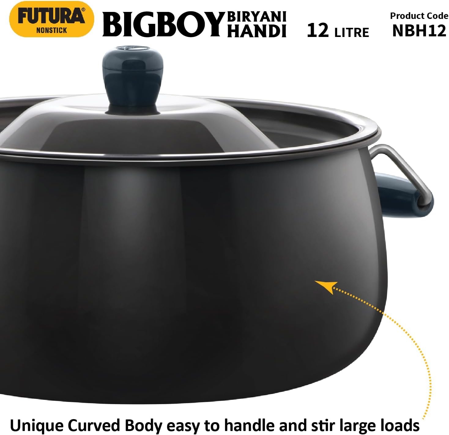 image:imageHawkins Futura 12 Litre BigBoy Biryani Handi Non Stick Pot with Hard Anodised Lid Sauce Pan for Cooking and Serving Biriyani Black NBH12 Aluminium