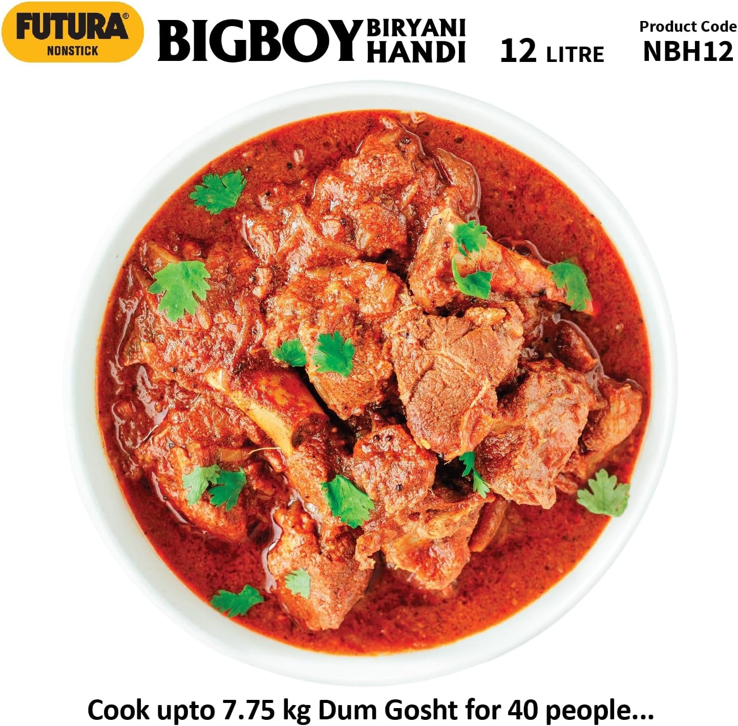 image:imageHawkins Futura 12 Litre BigBoy Biryani Handi Non Stick Pot with Hard Anodised Lid Sauce Pan for Cooking and Serving Biriyani Black NBH12 Aluminium