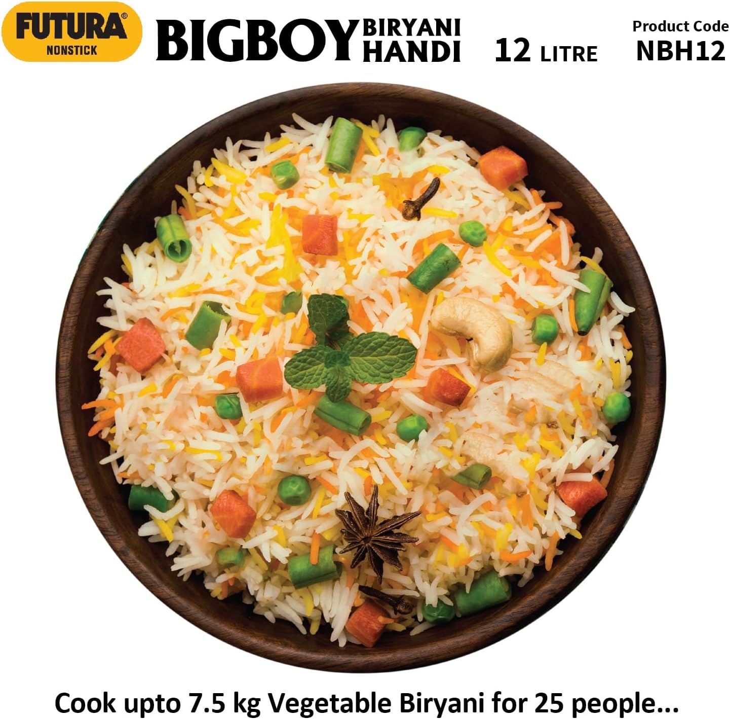 image:imageHawkins Futura 12 Litre BigBoy Biryani Handi Non Stick Pot with Hard Anodised Lid Sauce Pan for Cooking and Serving Biriyani Black NBH12 Aluminium