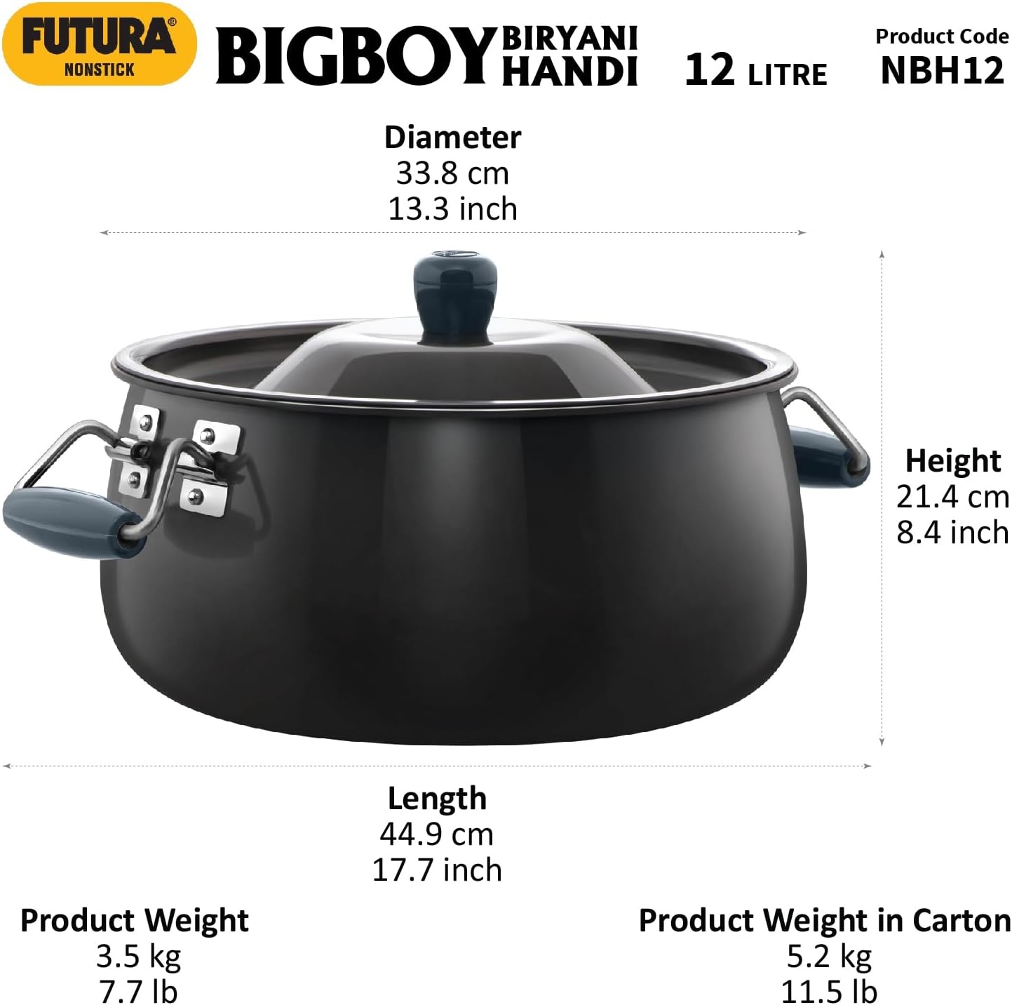 image:imageHawkins Futura 12 Litre BigBoy Biryani Handi Non Stick Pot with Hard Anodised Lid Sauce Pan for Cooking and Serving Biriyani Black NBH12 Aluminium