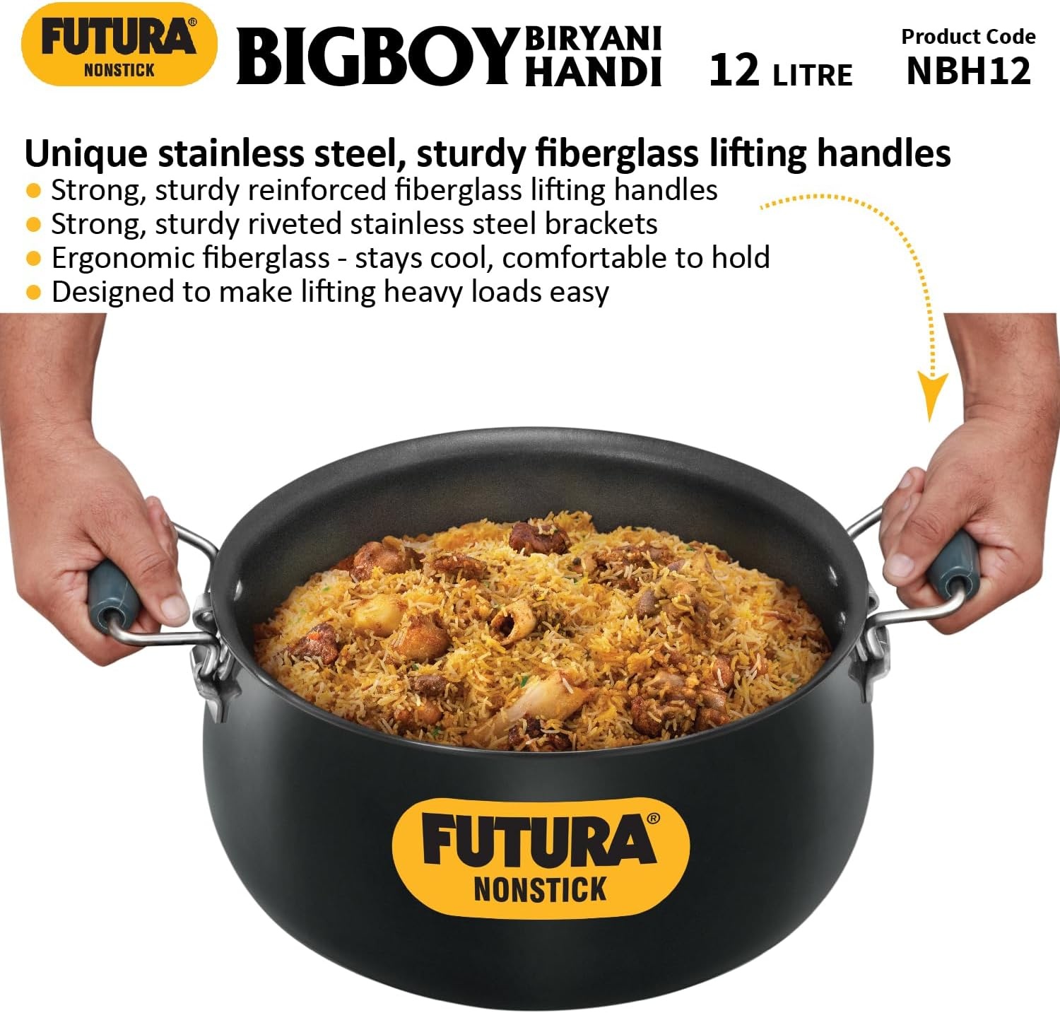 image:imageHawkins Futura 12 Litre BigBoy Biryani Handi Non Stick Pot with Hard Anodised Lid Sauce Pan for Cooking and Serving Biriyani Black NBH12 Aluminium