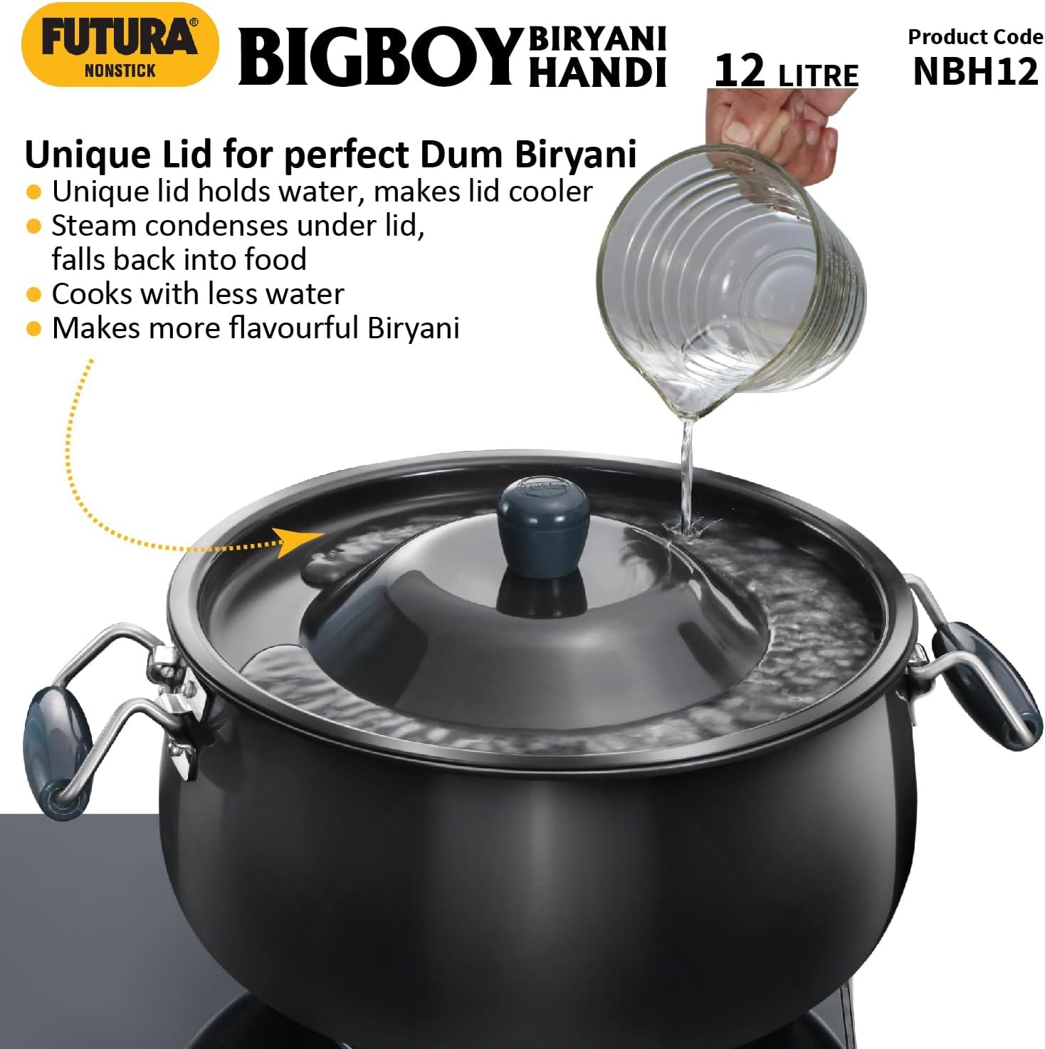 image:imageHawkins Futura 12 Litre BigBoy Biryani Handi Non Stick Pot with Hard Anodised Lid Sauce Pan for Cooking and Serving Biriyani Black NBH12 Aluminium