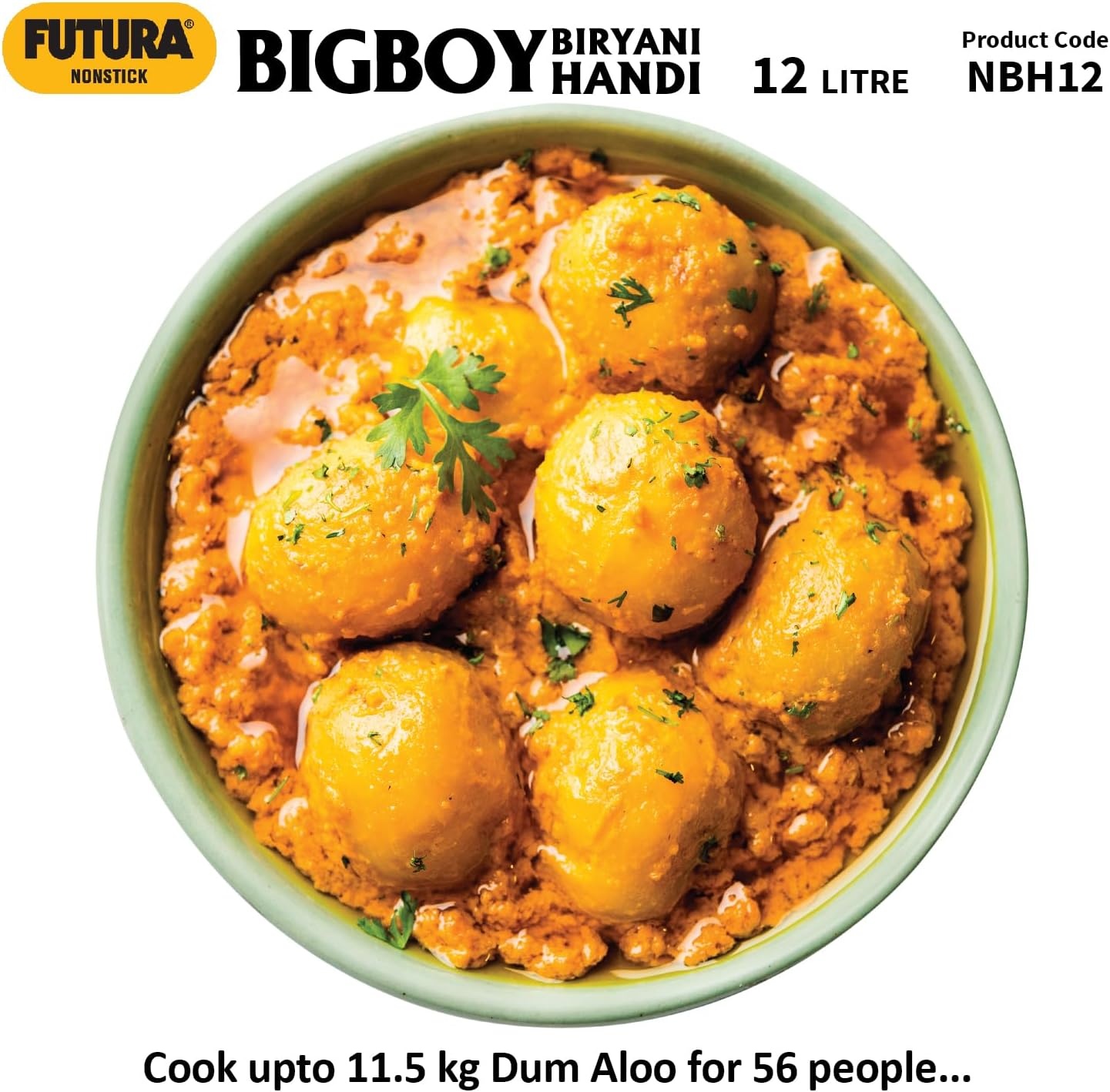 image:imageHawkins Futura 12 Litre BigBoy Biryani Handi Non Stick Pot with Hard Anodised Lid Sauce Pan for Cooking and Serving Biriyani Black NBH12 Aluminium