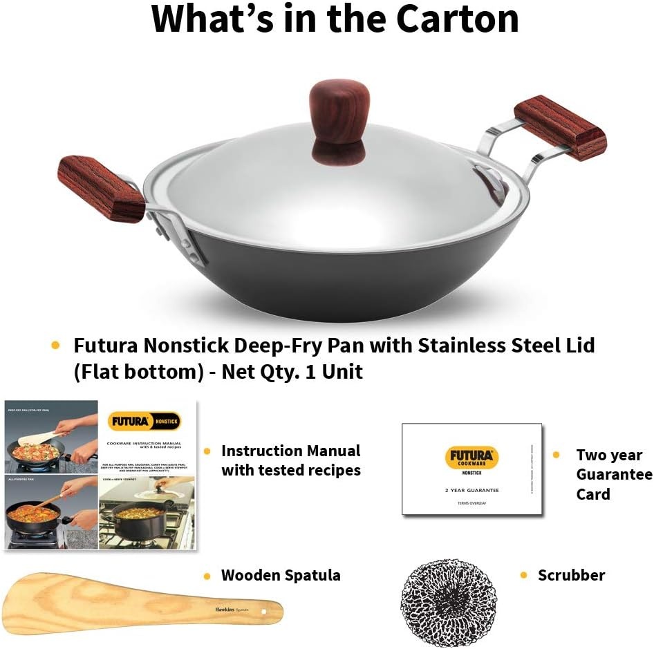 image:imageHawkins Futura 25 Litre Deep Fry Pan Non Stick Kadai with Stainless Steel Lid Flat Bottom Induction Kadhai Black IND25S