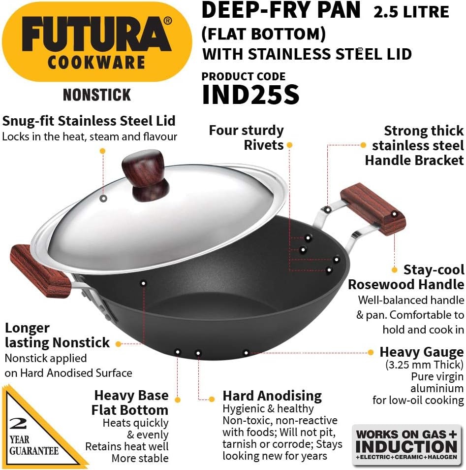 image:imageHawkins Futura 25 Litre Deep Fry Pan Non Stick Kadai with Stainless Steel Lid Flat Bottom Induction Kadhai Black IND25S