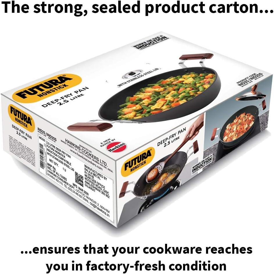 image:imageHawkins Futura 25 Litre Deep Fry Pan Non Stick Kadai with Stainless Steel Lid Flat Bottom Induction Kadhai Black IND25S