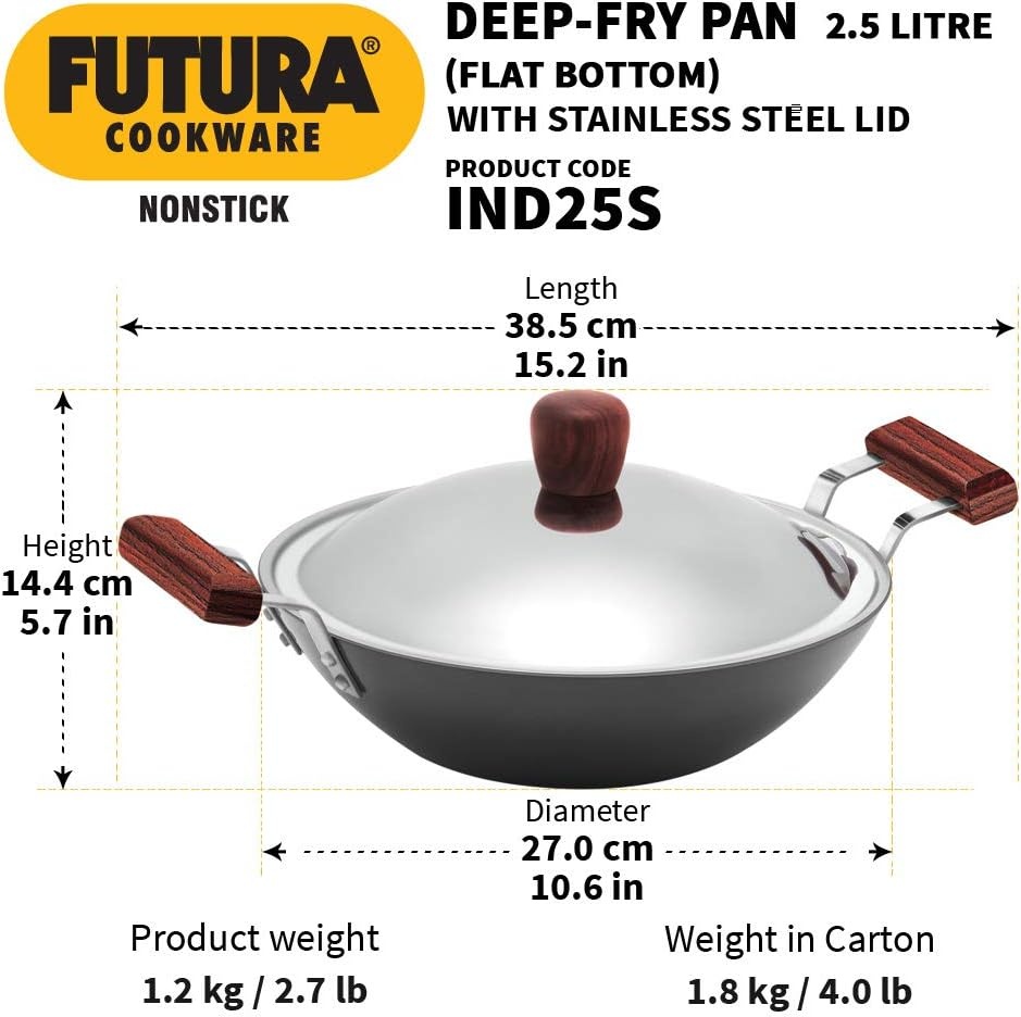 image:imageHawkins Futura 25 Litre Deep Fry Pan Non Stick Kadai with Stainless Steel Lid Flat Bottom Induction Kadhai Black IND25S