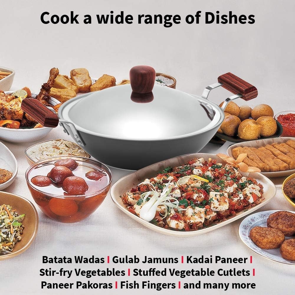 image:imageHawkins Futura 25 Litre Deep Fry Pan Non Stick Kadai with Stainless Steel Lid Flat Bottom Induction Kadhai Black IND25S