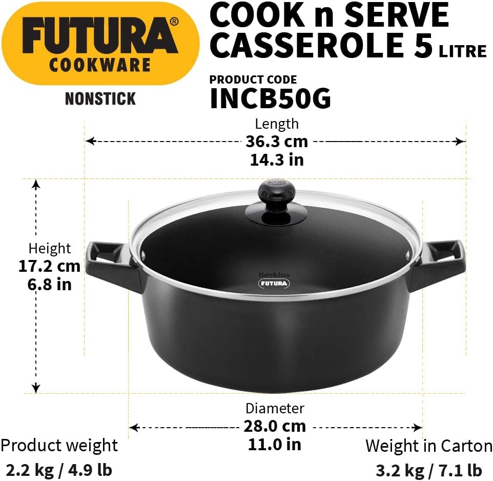 image:imageHawkins Futura 5 Litre Cook n Serve Casserole Non Stick Saucepan with Glass Lid Induction Sauce Pan for Cooking and Serving Black INCB50G