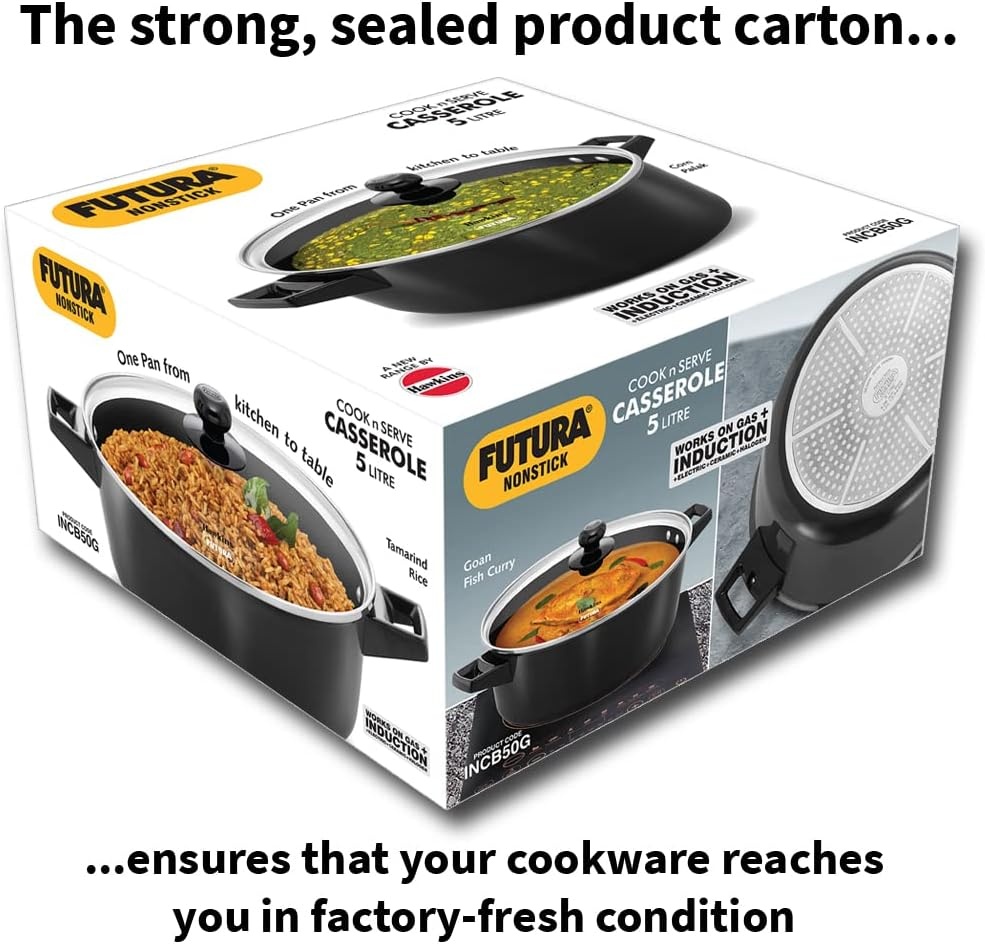 image:imageHawkins Futura 5 Litre Cook n Serve Casserole Non Stick Saucepan with Glass Lid Induction Sauce Pan for Cooking and Serving Black INCB50G