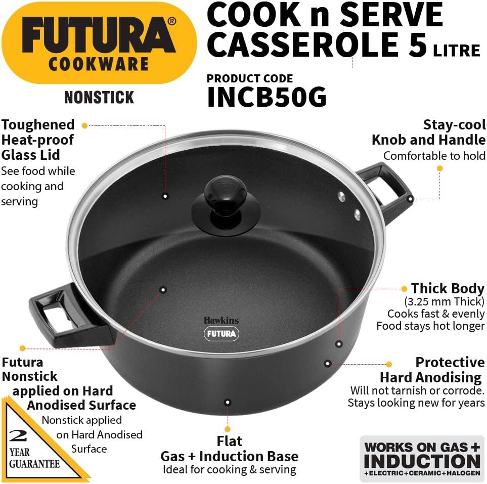 image:imageHawkins Futura 5 Litre Cook n Serve Casserole Non Stick Saucepan with Glass Lid Induction Sauce Pan for Cooking and Serving Black INCB50G