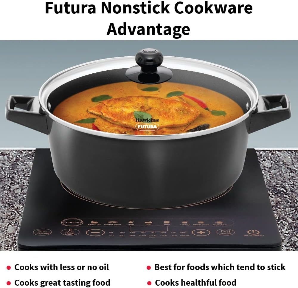 image:imageHawkins Futura 5 Litre Cook n Serve Casserole Non Stick Saucepan with Glass Lid Induction Sauce Pan for Cooking and Serving Black INCB50G