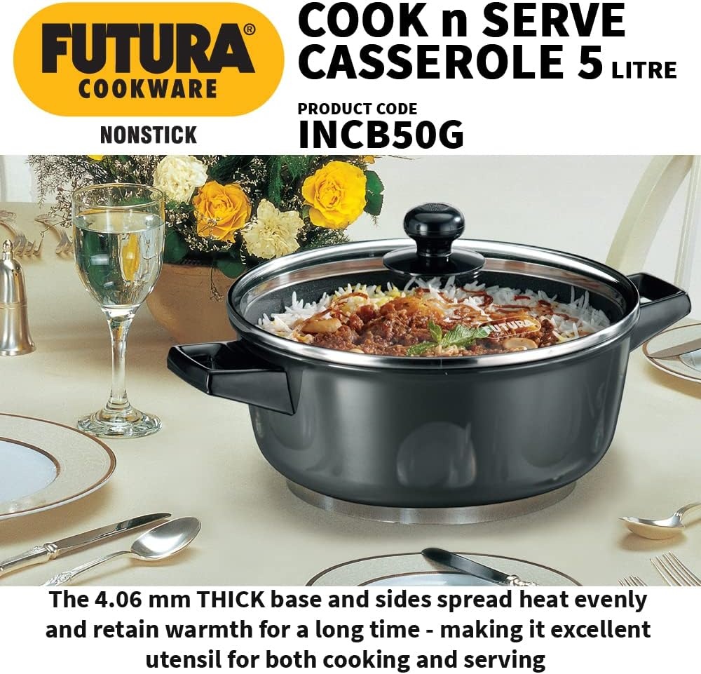 image:imageHawkins Futura 5 Litre Cook n Serve Casserole Non Stick Saucepan with Glass Lid Induction Sauce Pan for Cooking and Serving Black INCB50G