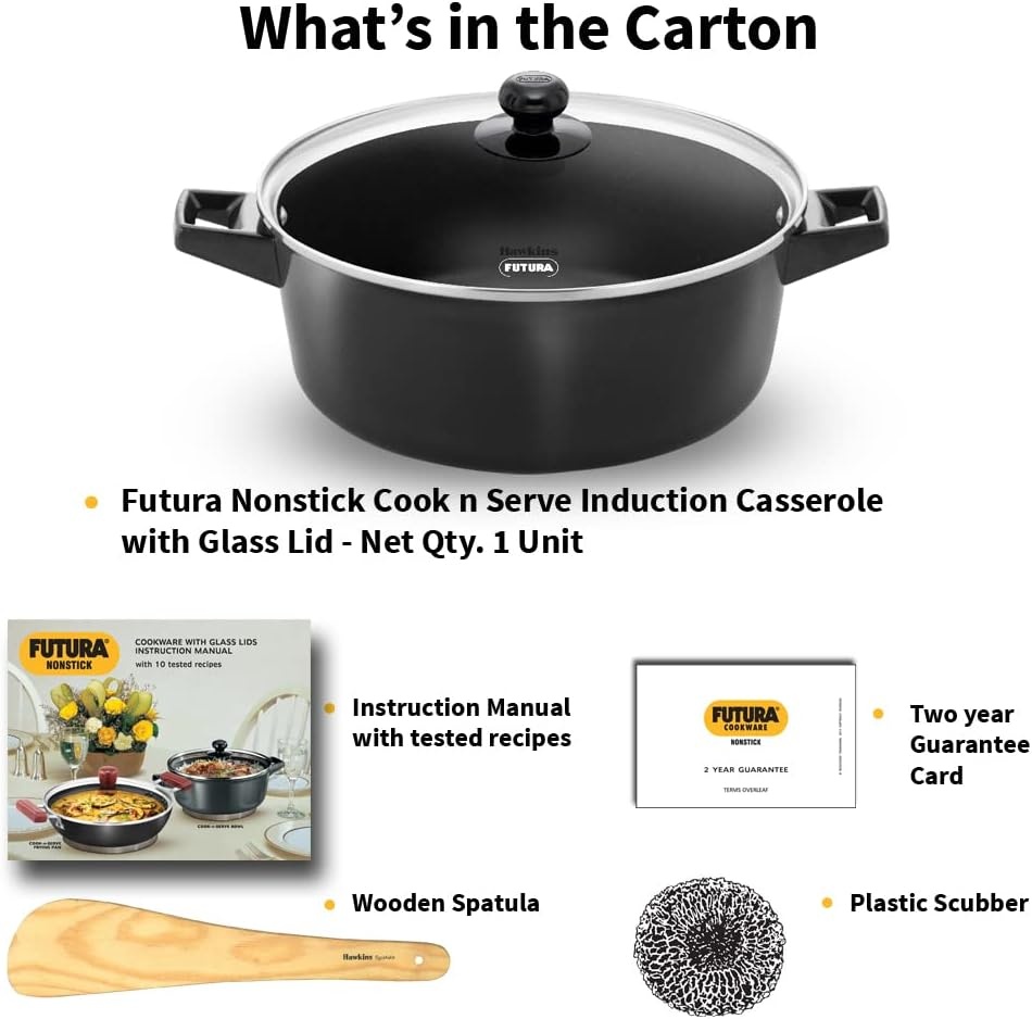image:imageHawkins Futura 5 Litre Cook n Serve Casserole Non Stick Saucepan with Glass Lid Induction Sauce Pan for Cooking and Serving Black INCB50G