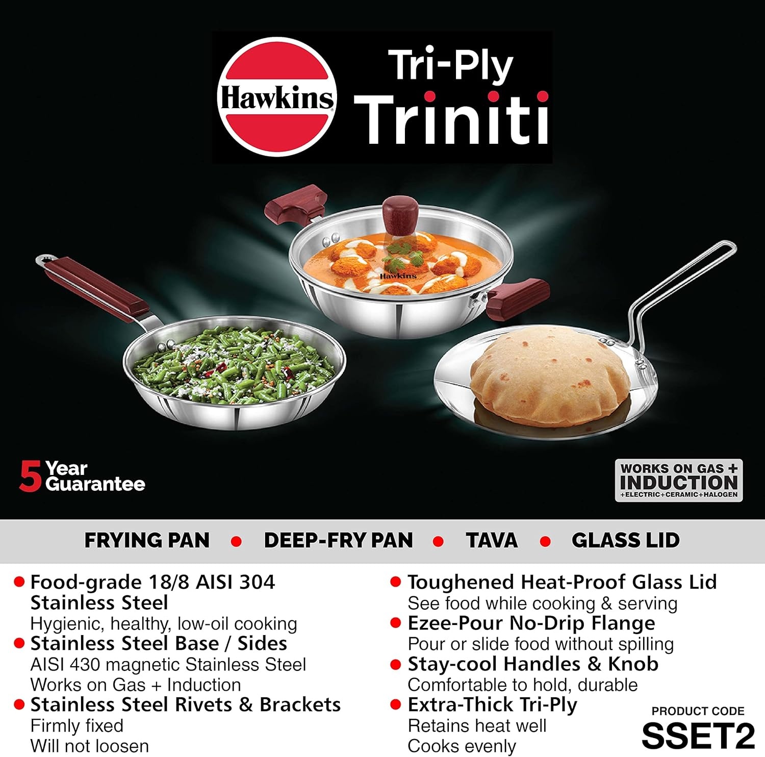 image:imageHawkins Triniti 3 Pieces Triply Stainless Steel Cookware Set 2 Frying Pan Tava DeepFry Pan with Glass Lid Silver SSET2